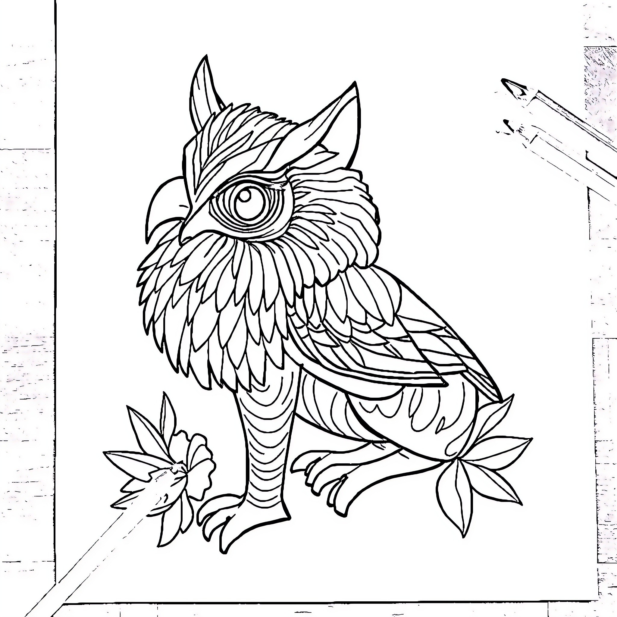 Drawing of a detailed owl with decorative feathers Coloring Page (free black-and-white line drawing printable PDF for all, from beginners to advanced learners, including children, teens, adults, and seniors)