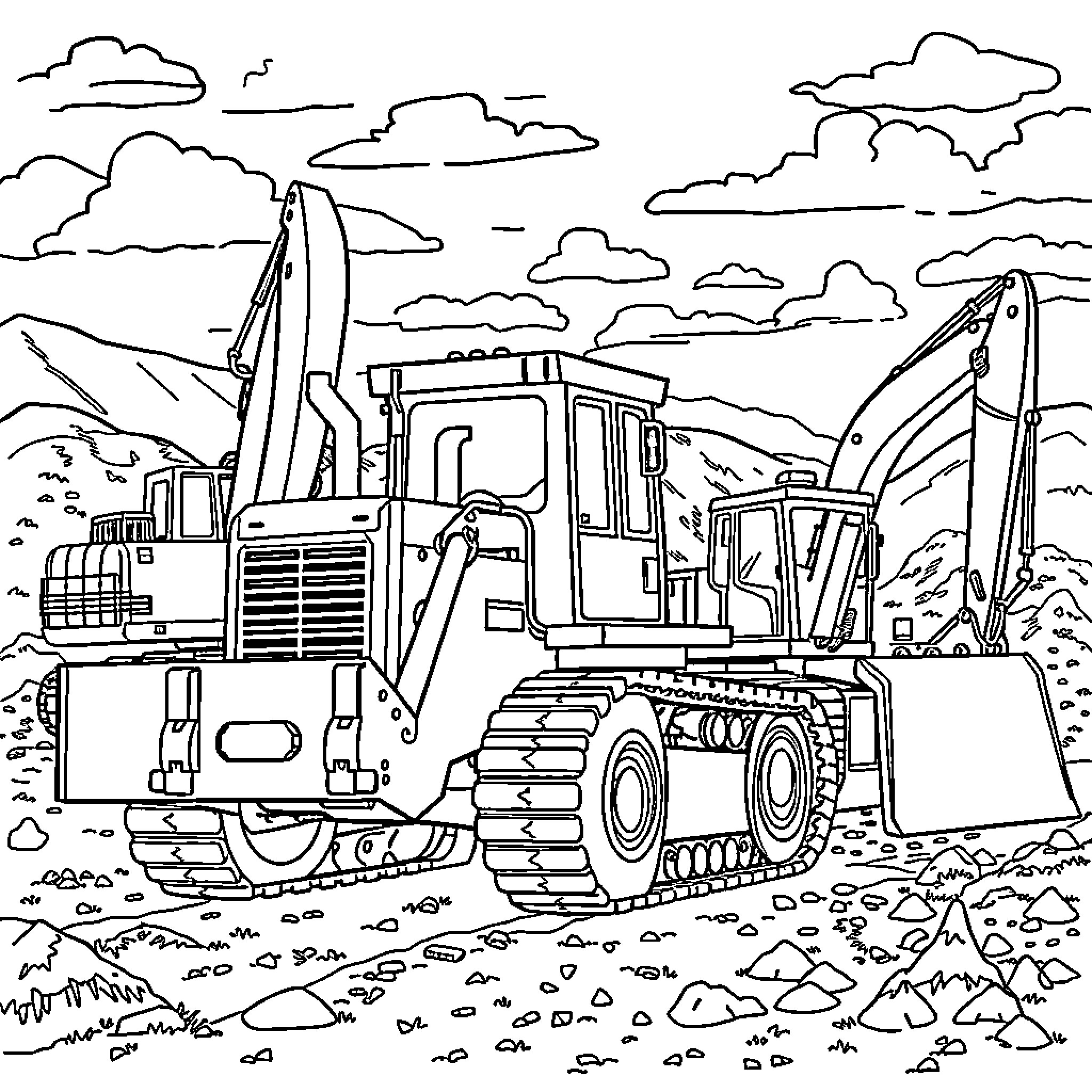 Heavy Equipment Machinery at Construction Site Coloring Page (free black-and-white line drawing printable PDF for all, from beginners to advanced learners, including children, teens, adults, and seniors)