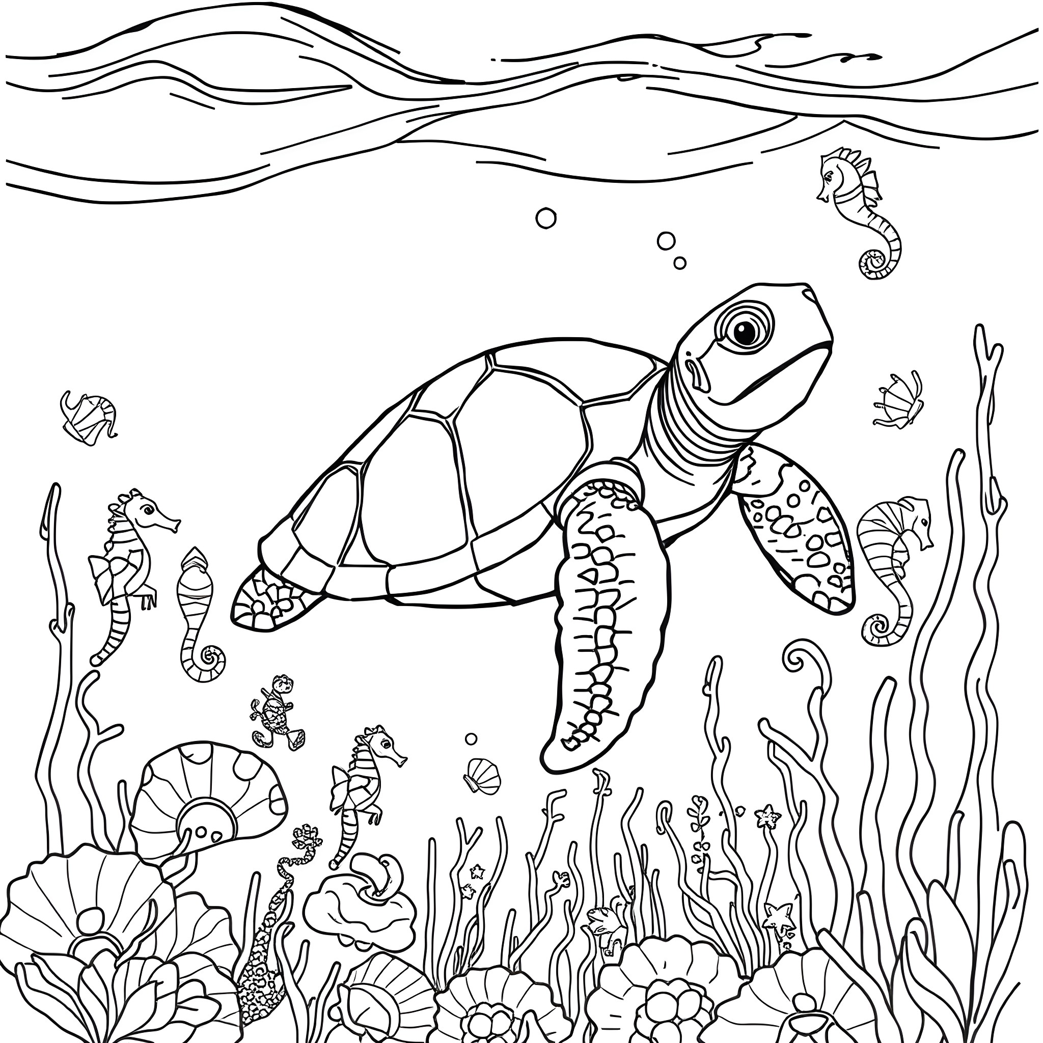 Turtle swimming among coral and sea creatures Coloring Page (free black-and-white line drawing printable PDF for all, from beginners to advanced learners, including children, teens, adults, and seniors)