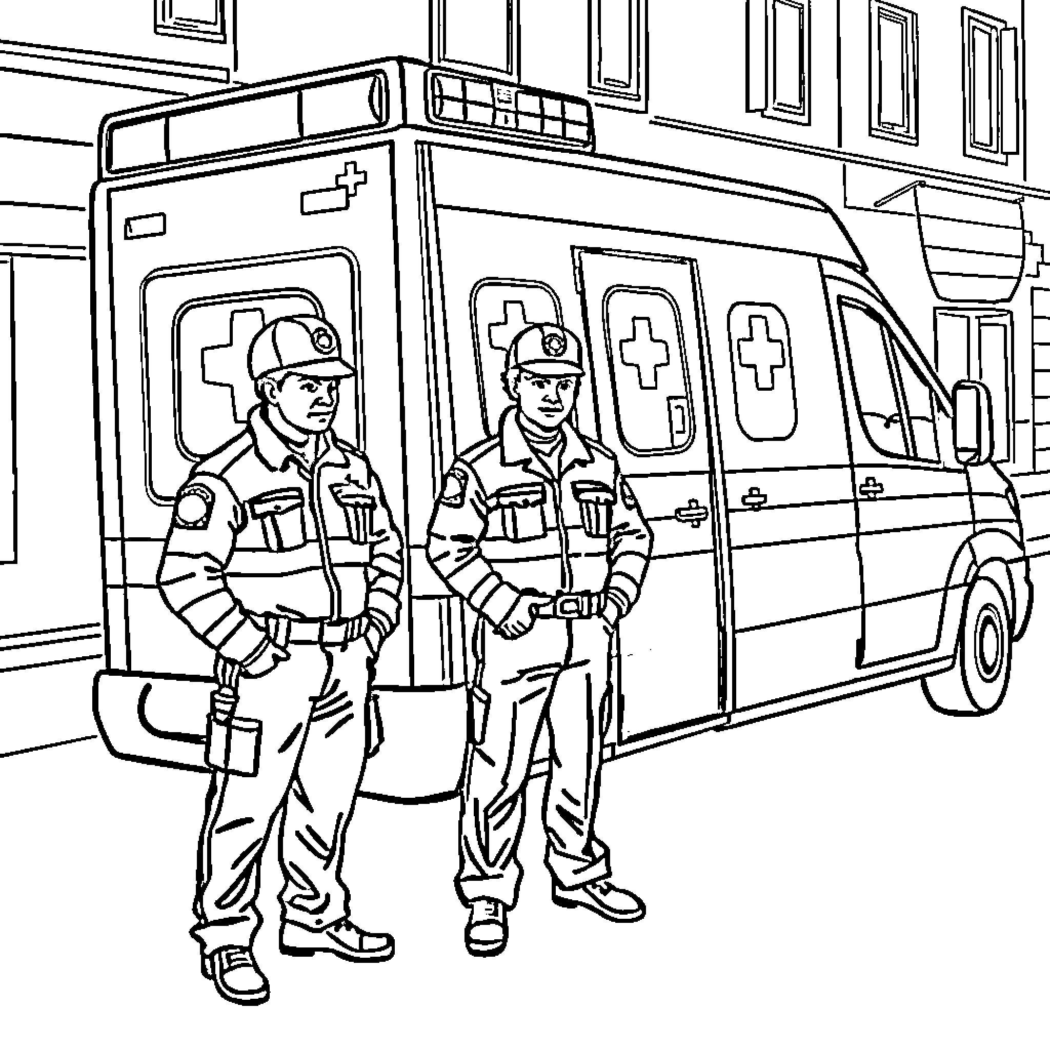 Ambulance crew responding to emergency situation Coloring Page (free black-and-white line drawing printable PDF for all, from beginners to advanced learners, including children, teens, adults, and seniors)