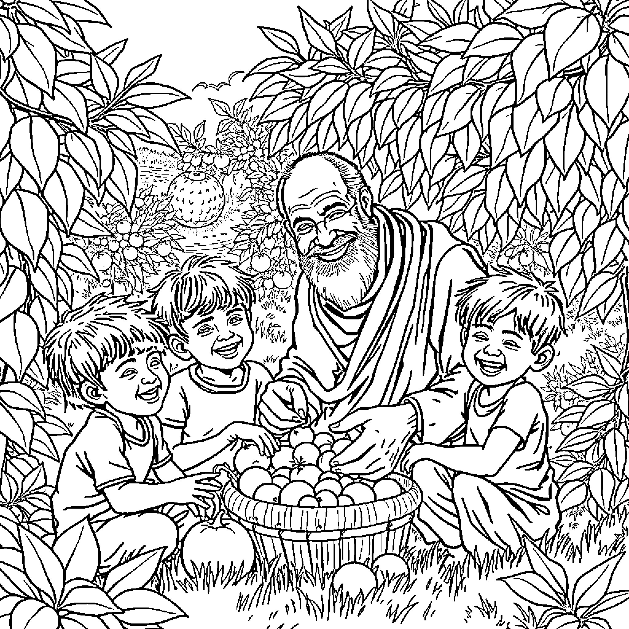 Argan Family Enjoying Nature's Bounty Coloring Page (free black-and-white line drawing printable PDF for all, from beginners to advanced learners, including children, teens, adults, and seniors)
