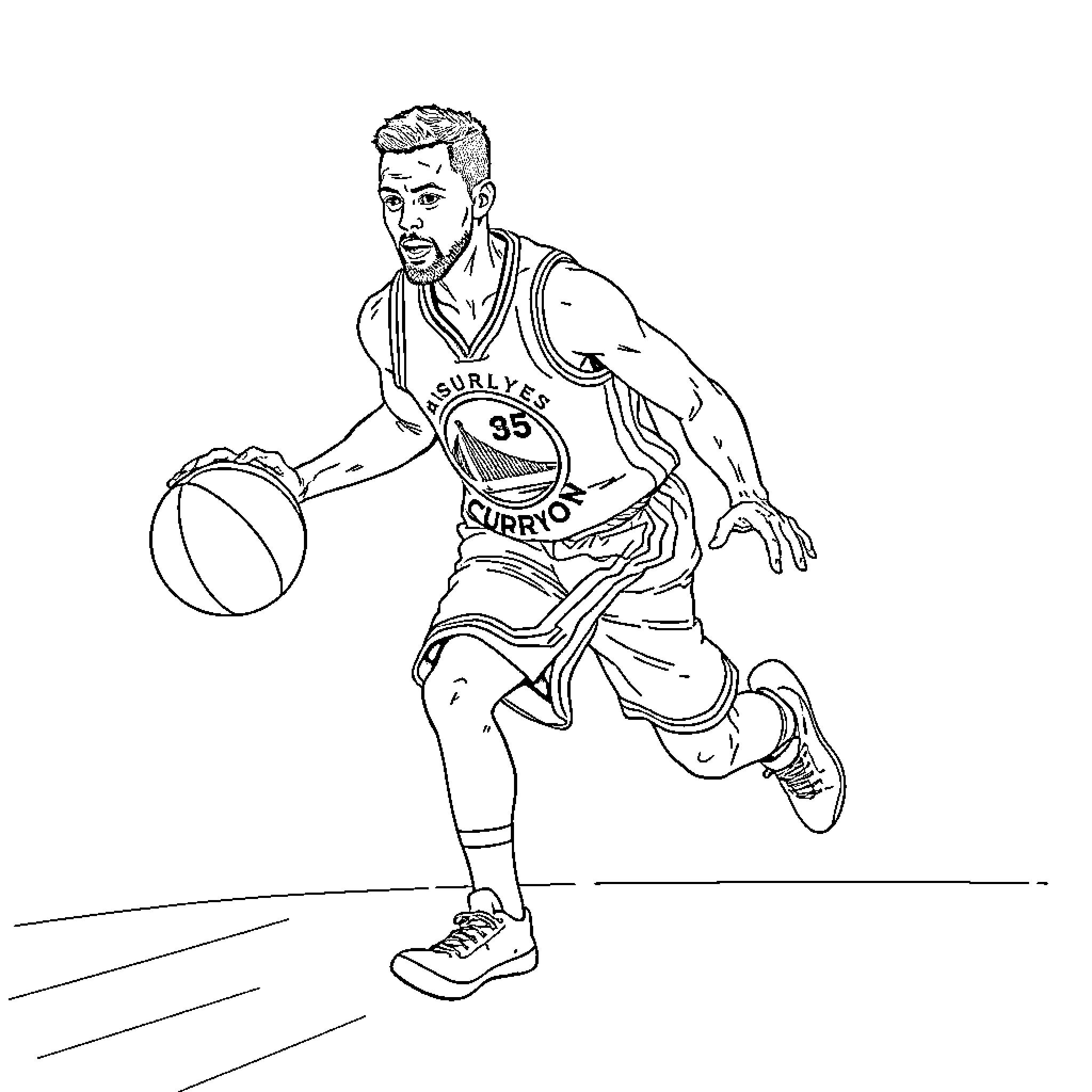 Stephen Curry dribbling basketball on court Coloring Page (free black-and-white line drawing printable PDF for all, from beginners to advanced learners, including children, teens, adults, and seniors)