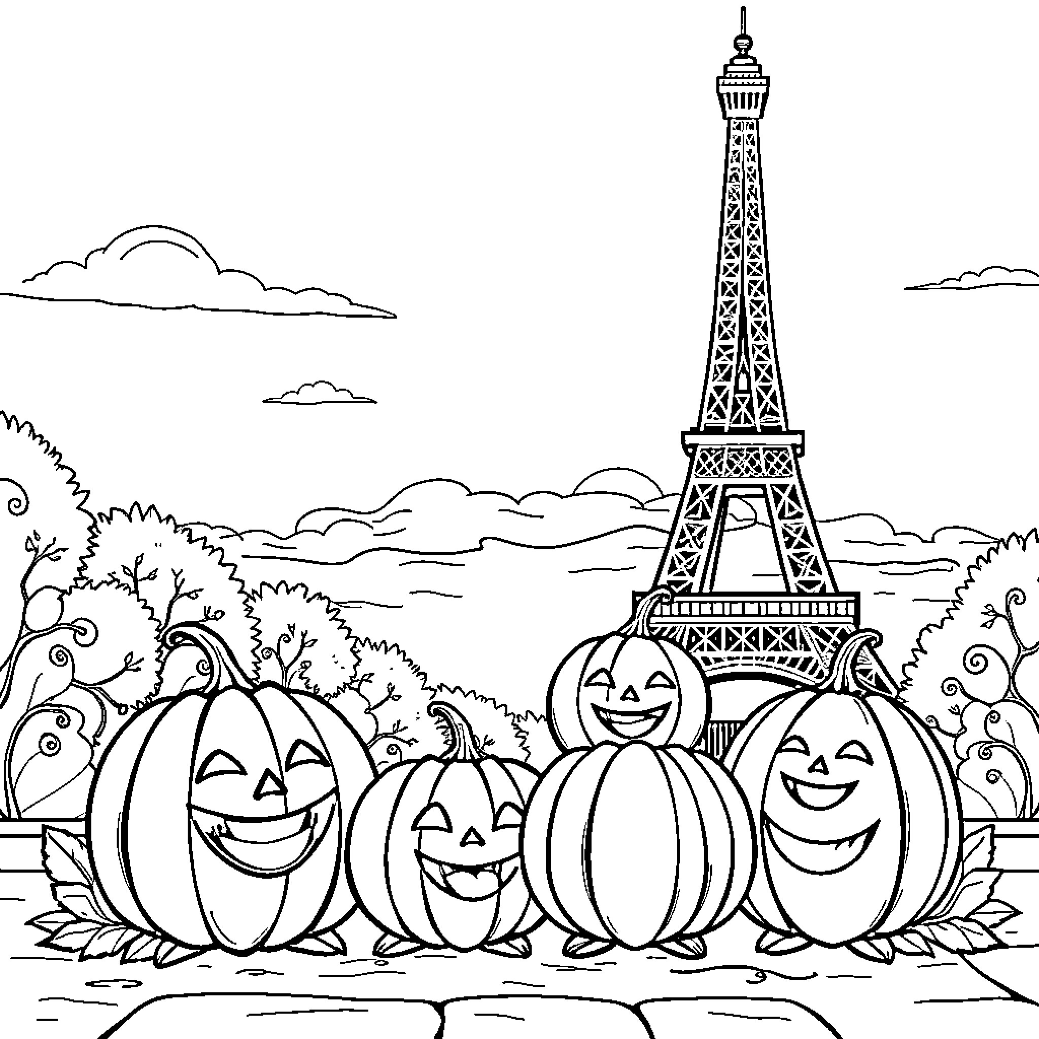 Pumpkin Celebration at the Eiffel Tower Coloring Page (free black-and-white line drawing printable PDF for all, from beginners to advanced learners, including children, teens, adults, and seniors)