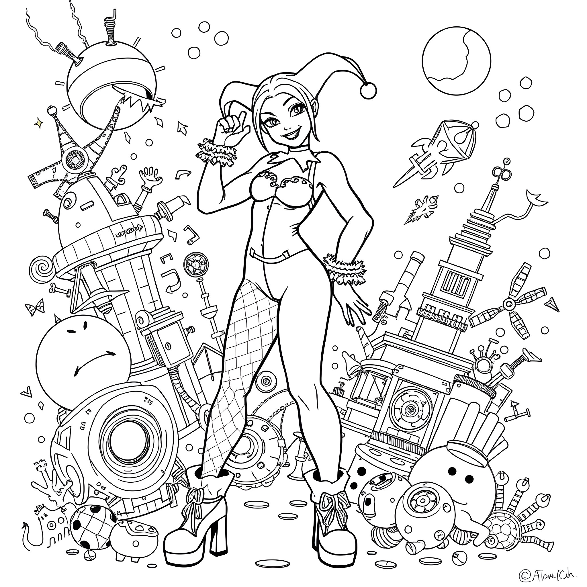 Harley Quinn's Playful Antics in a Whimsical World Coloring Page (free black-and-white line drawing printable PDF for all, from beginners to advanced learners, including children, teens, adults, and seniors)