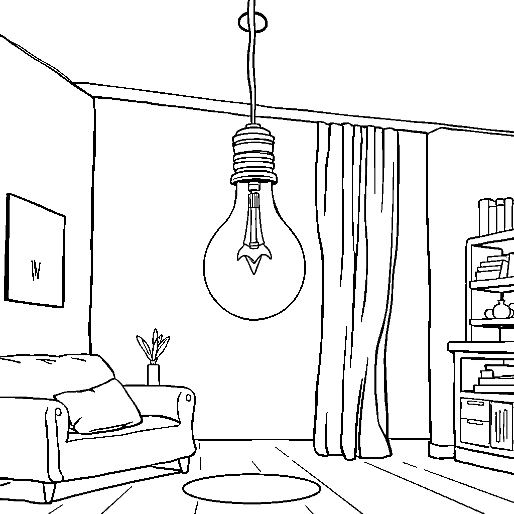 Bulb illuminating cozy living space interior Coloring Page (free black-and-white line drawing printable PDF for all, from beginners to advanced learners, including children, teens, adults, and seniors)