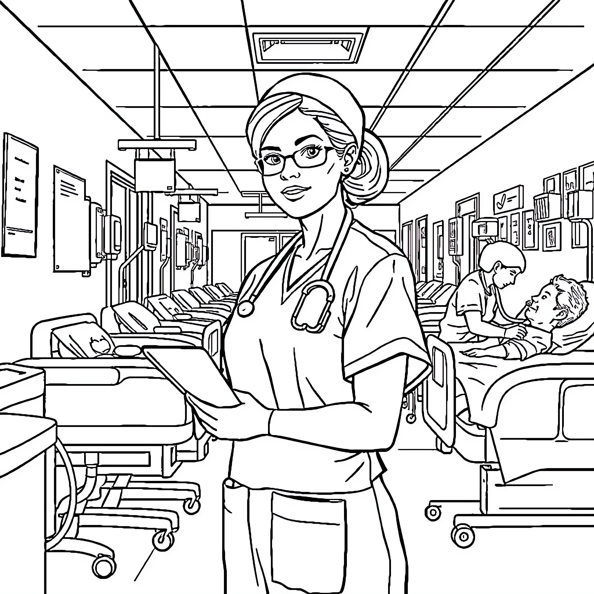 Nurse Tending to Patients in Hospital Ward Coloring Page (free black-and-white line drawing printable PDF for all, from beginners to advanced learners, including children, teens, adults, and seniors)