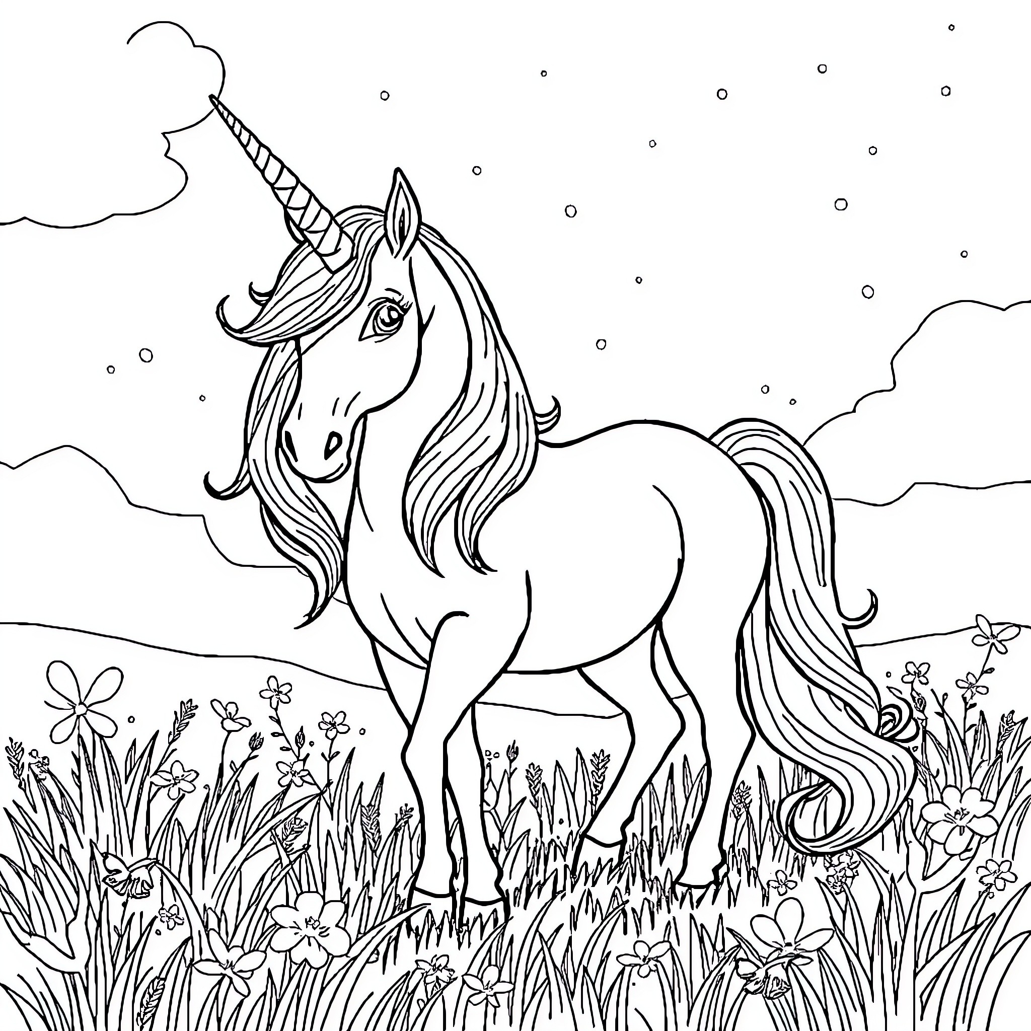 Unicorn standing amidst flowers and stars Coloring Page (free black-and-white line drawing printable PDF for all, from beginners to advanced learners, including children, teens, adults, and seniors)