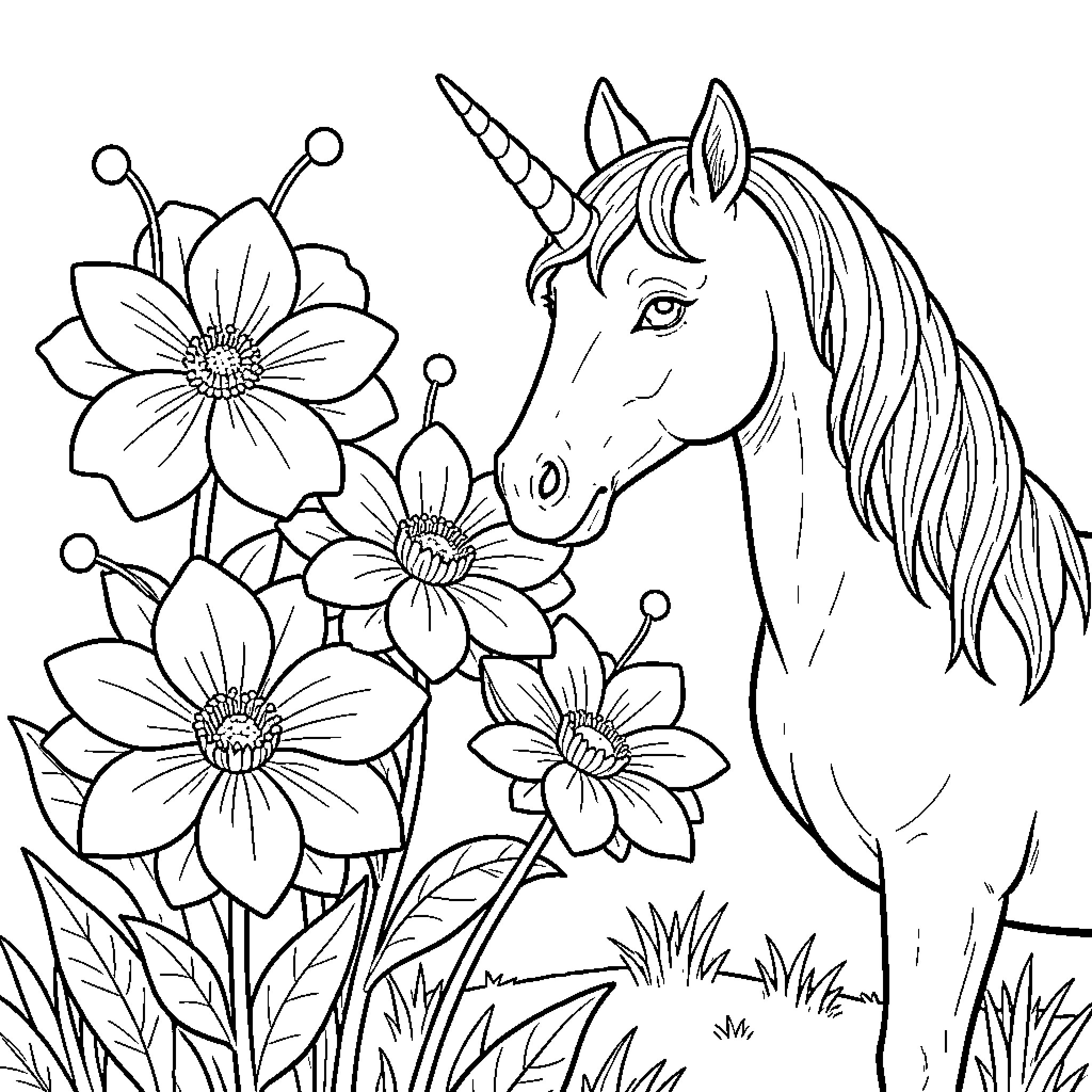 Unicorn sniffing beautiful flowers in a garden Coloring Page (free black-and-white line drawing printable PDF for all, from beginners to advanced learners, including children, teens, adults, and seniors)