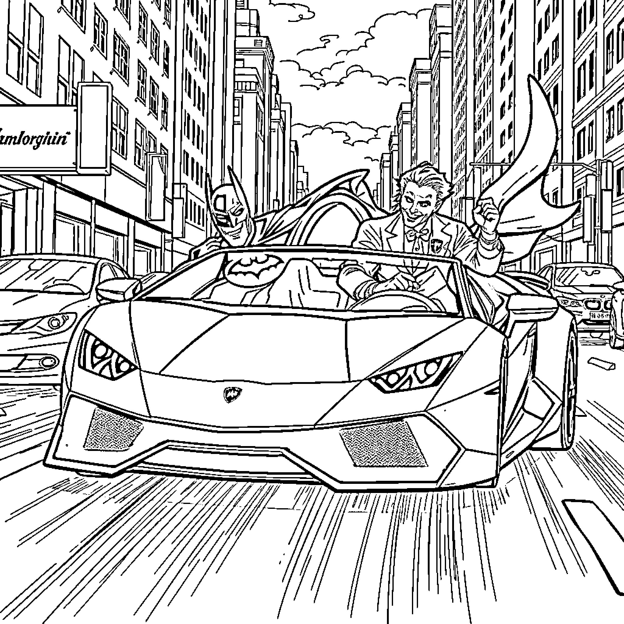 Batman racing through the city streets in a sports car Coloring Page (free black-and-white line drawing printable PDF for all, from beginners to advanced learners, including children, teens, adults, and seniors)