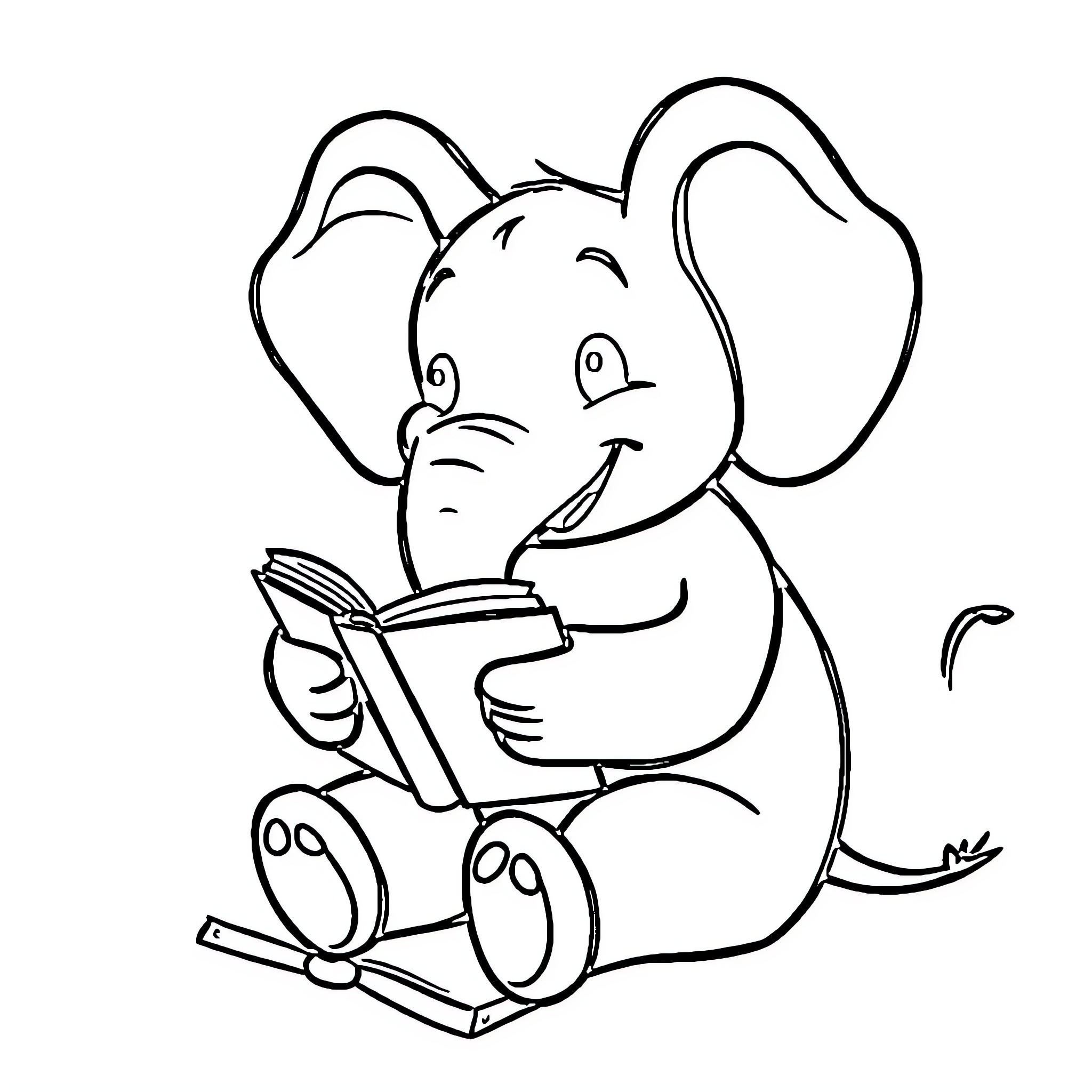 Elephant reading a book happily Coloring Page (free black-and-white line drawing printable PDF for all, from beginners to advanced learners, including children, teens, adults, and seniors)