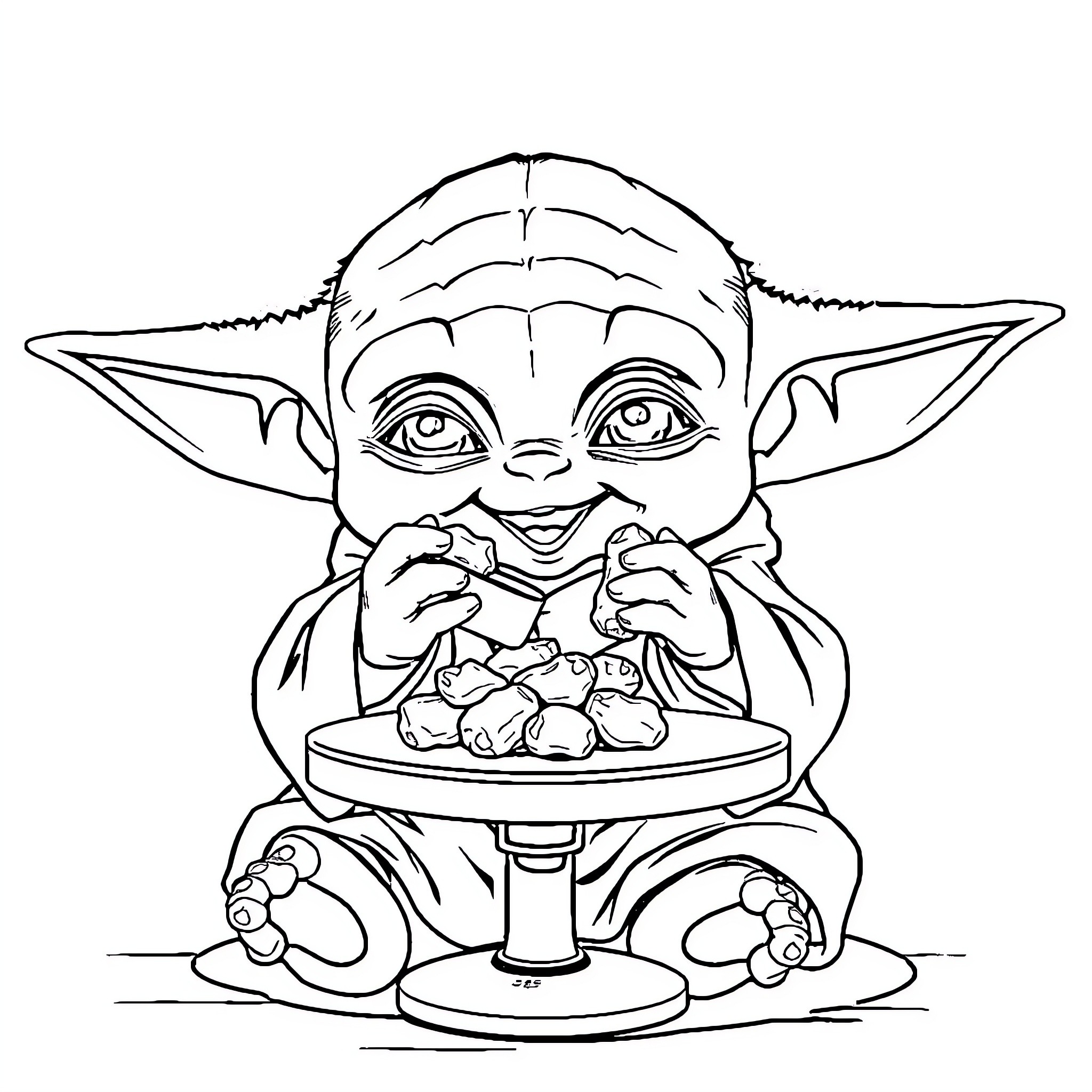Baby Yoda Enjoying a Delightful Snack Coloring Page (free black-and-white line drawing printable PDF for all, from beginners to advanced learners, including children, teens, adults, and seniors)