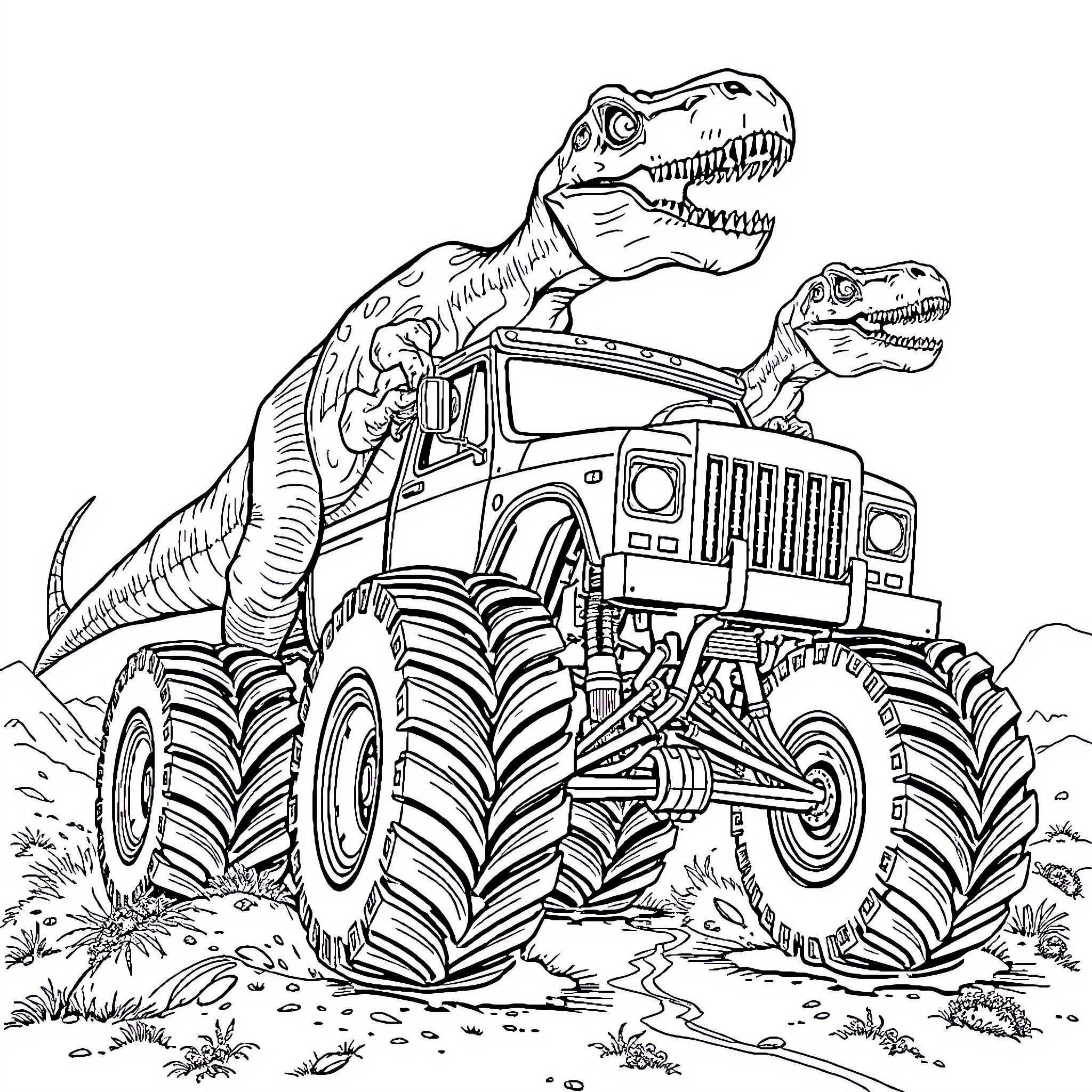 Monster Truck Carrying Fearsome Dinosaurs Coloring Page (free black-and-white line drawing printable PDF for all, from beginners to advanced learners, including children, teens, adults, and seniors)