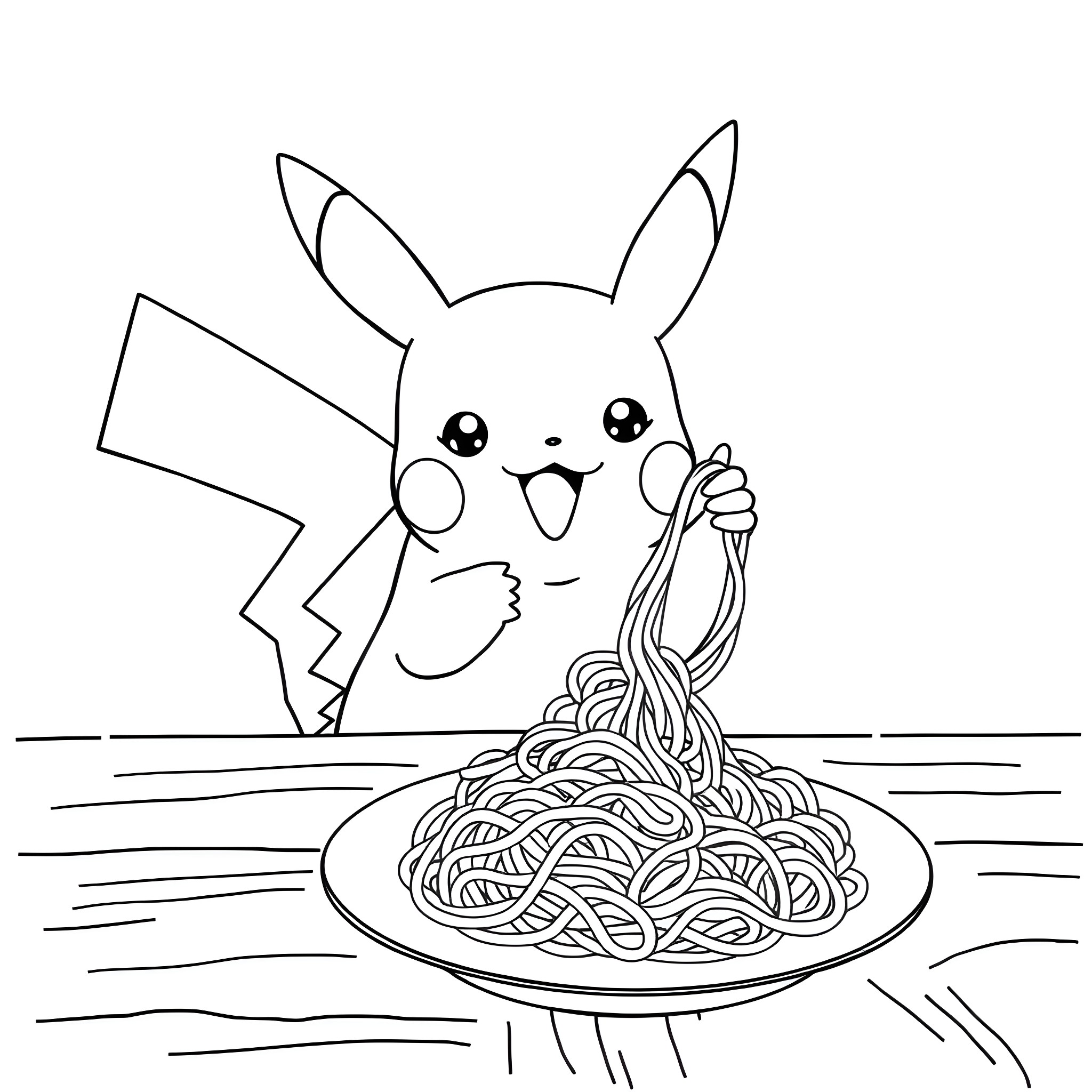 Pikachu enjoying a delicious plate of spaghetti Coloring Page (free black-and-white line drawing printable PDF for all, from beginners to advanced learners, including children, teens, adults, and seniors)