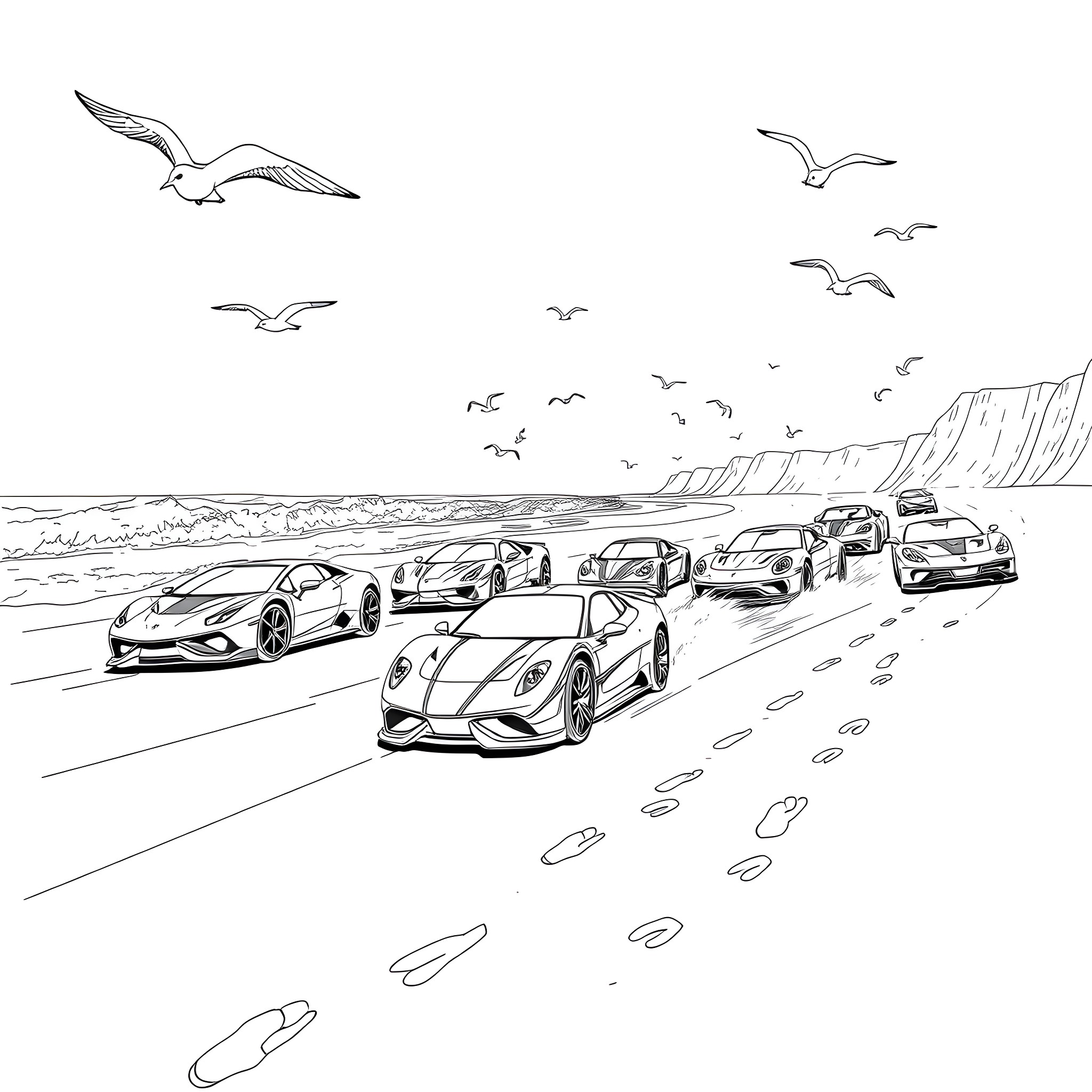 Hot Wheels racing on the beach with seagulls Coloring Page (free black-and-white line drawing printable PDF for all, from beginners to advanced learners, including children, teens, adults, and seniors)