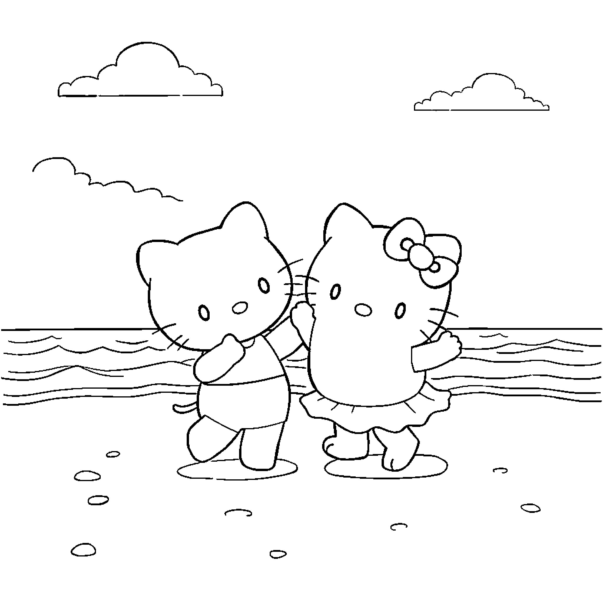 Hello Kitty friends enjoying the beach Coloring Page (free black-and-white line drawing printable PDF for all, from beginners to advanced learners, including children, teens, adults, and seniors)