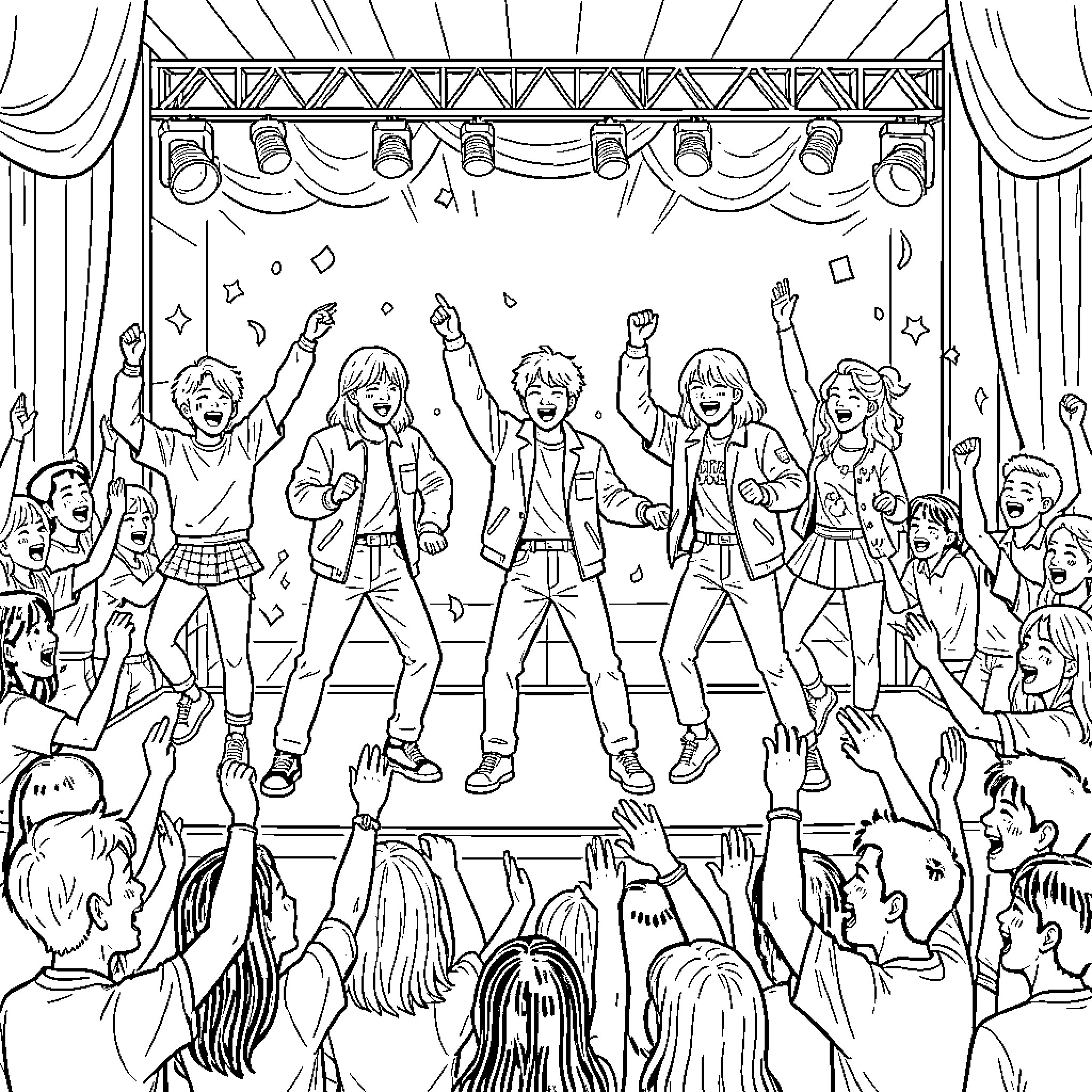Kpop idols performing energetically on stage for fans Coloring Page (free black-and-white line drawing printable PDF for all, from beginners to advanced learners, including children, teens, adults, and seniors)