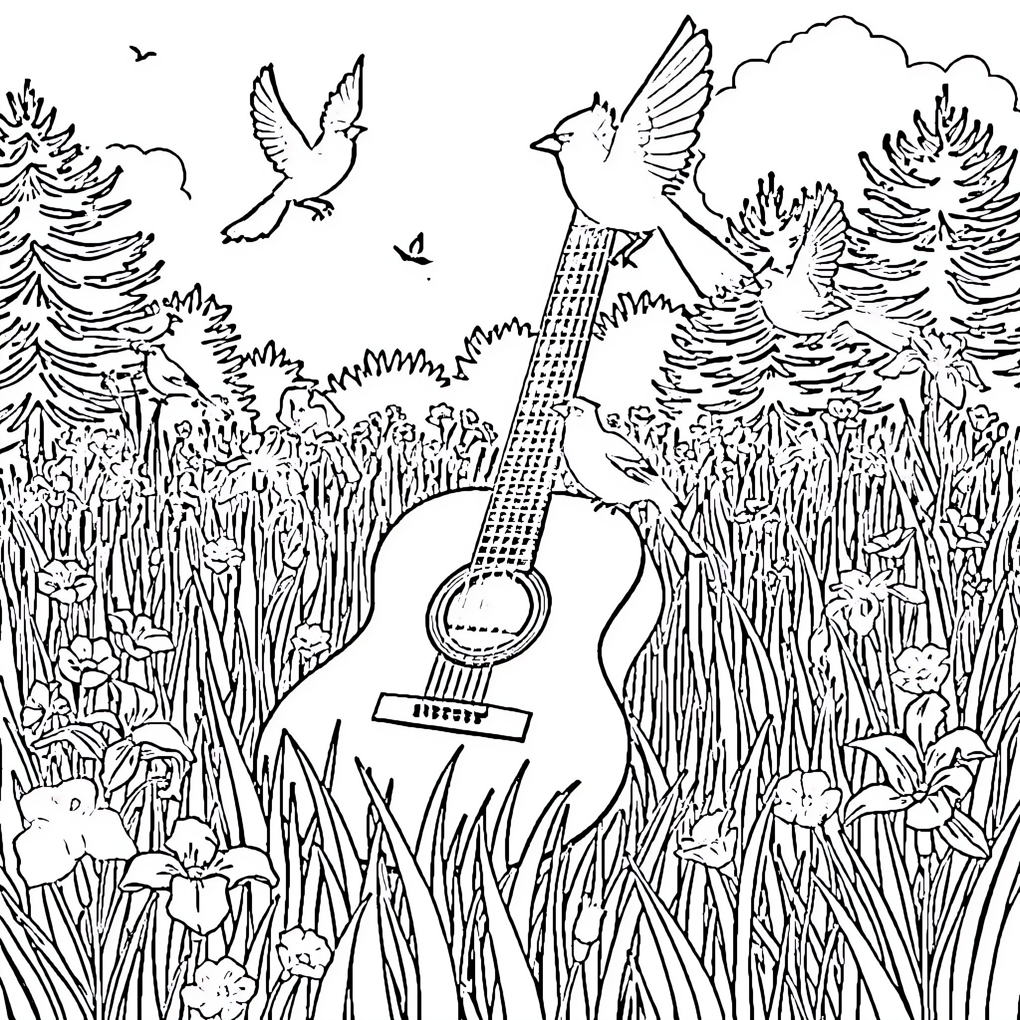 Guitar and Birds in the Meadow Coloring Page (free black-and-white line drawing printable PDF for all, from beginners to advanced learners, including children, teens, adults, and seniors)