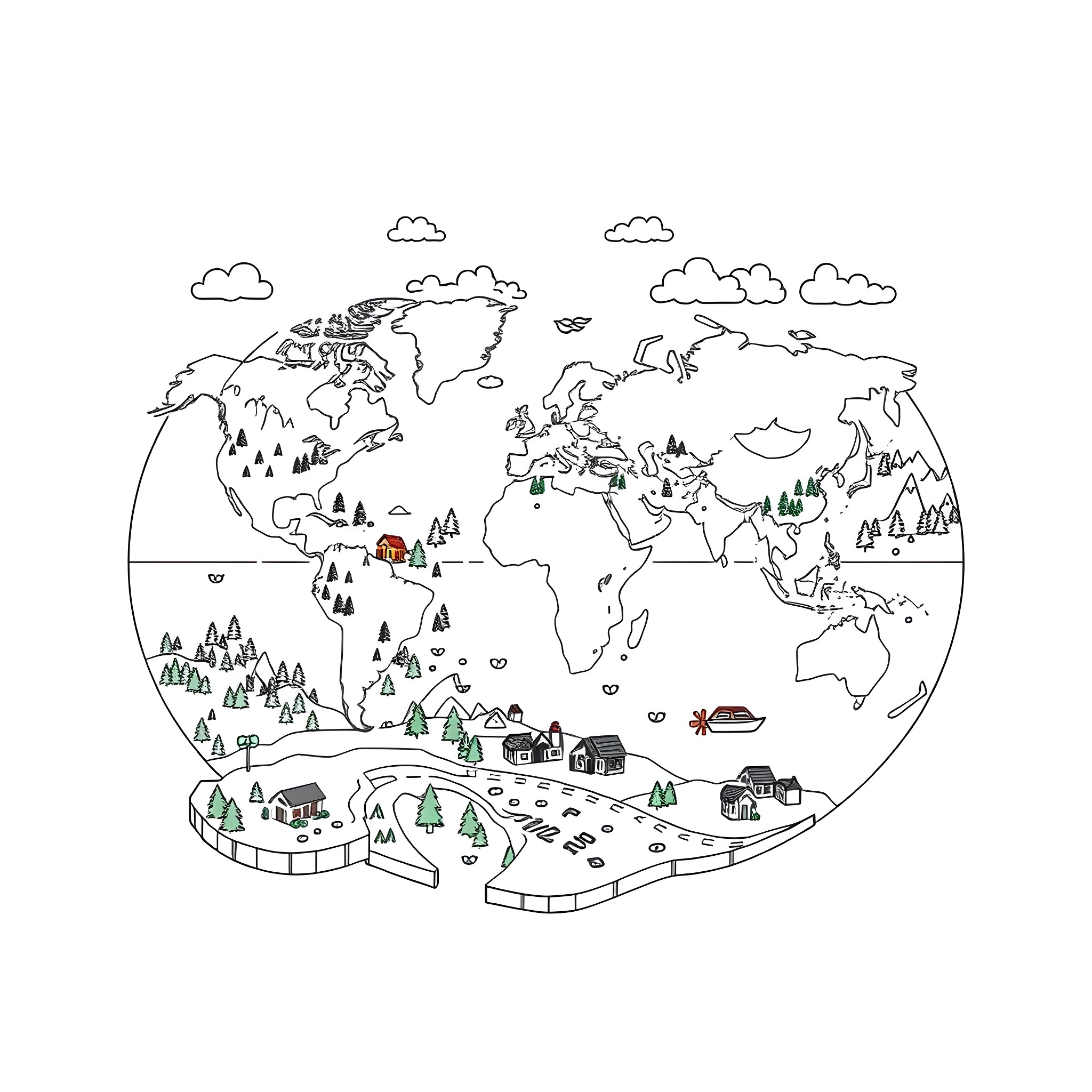 World Map with Whimsical Landscapes and Landmarks Coloring Page (free black-and-white line drawing printable PDF for all, from beginners to advanced learners, including children, teens, adults, and seniors)