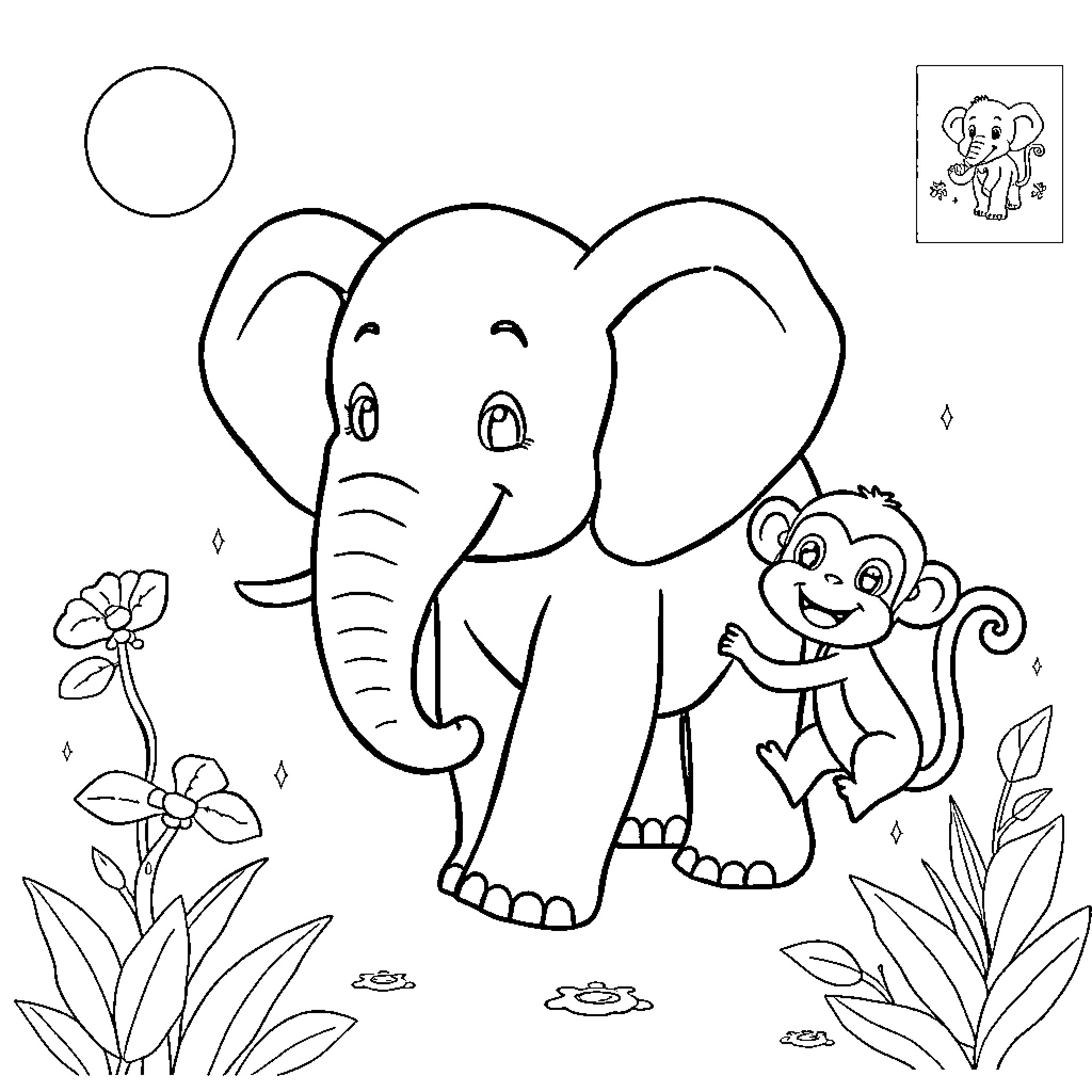 Elephant and Monkey Enjoying Nature Coloring Page (free black-and-white line drawing printable PDF for all, from beginners to advanced learners, including children, teens, adults, and seniors)