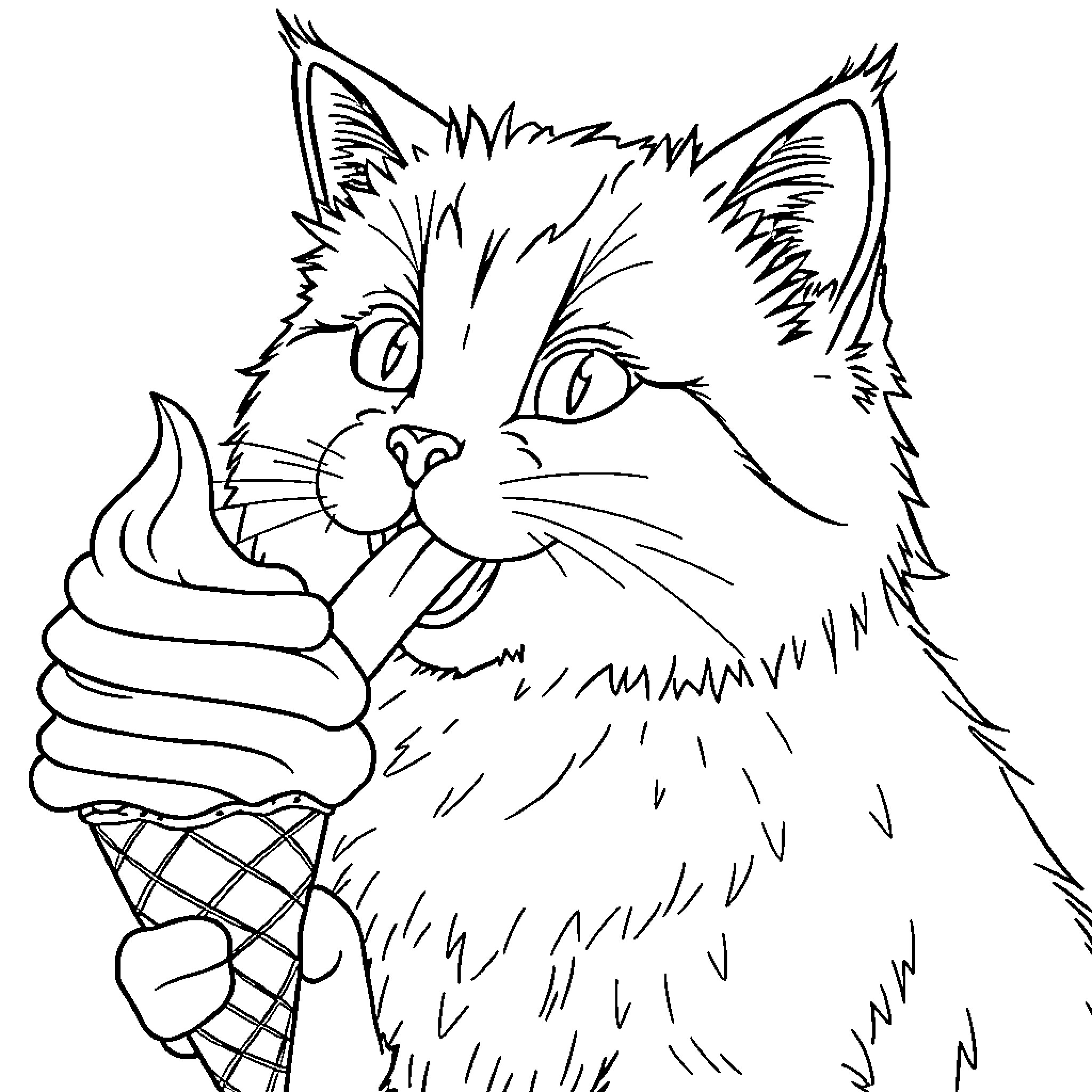 Cat enjoying an ice cream cone Coloring Page (free black-and-white line drawing printable PDF for all, from beginners to advanced learners, including children, teens, adults, and seniors)