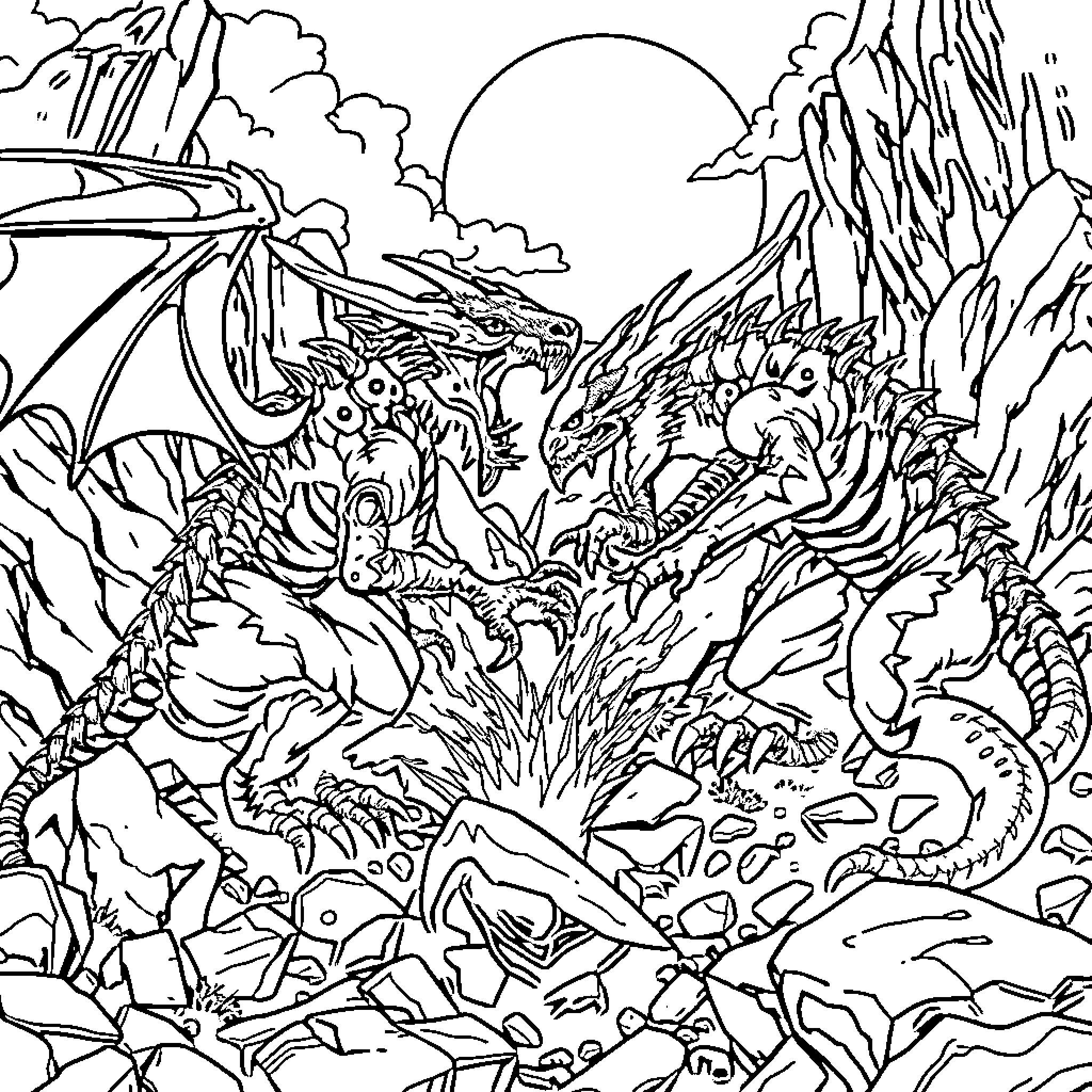 Eldrador Creature Surrounded by Mythical Beasts in Fantastical Landscape Coloring Page (free black-and-white line drawing printable PDF for all, from beginners to advanced learners, including children, teens, adults, and seniors)