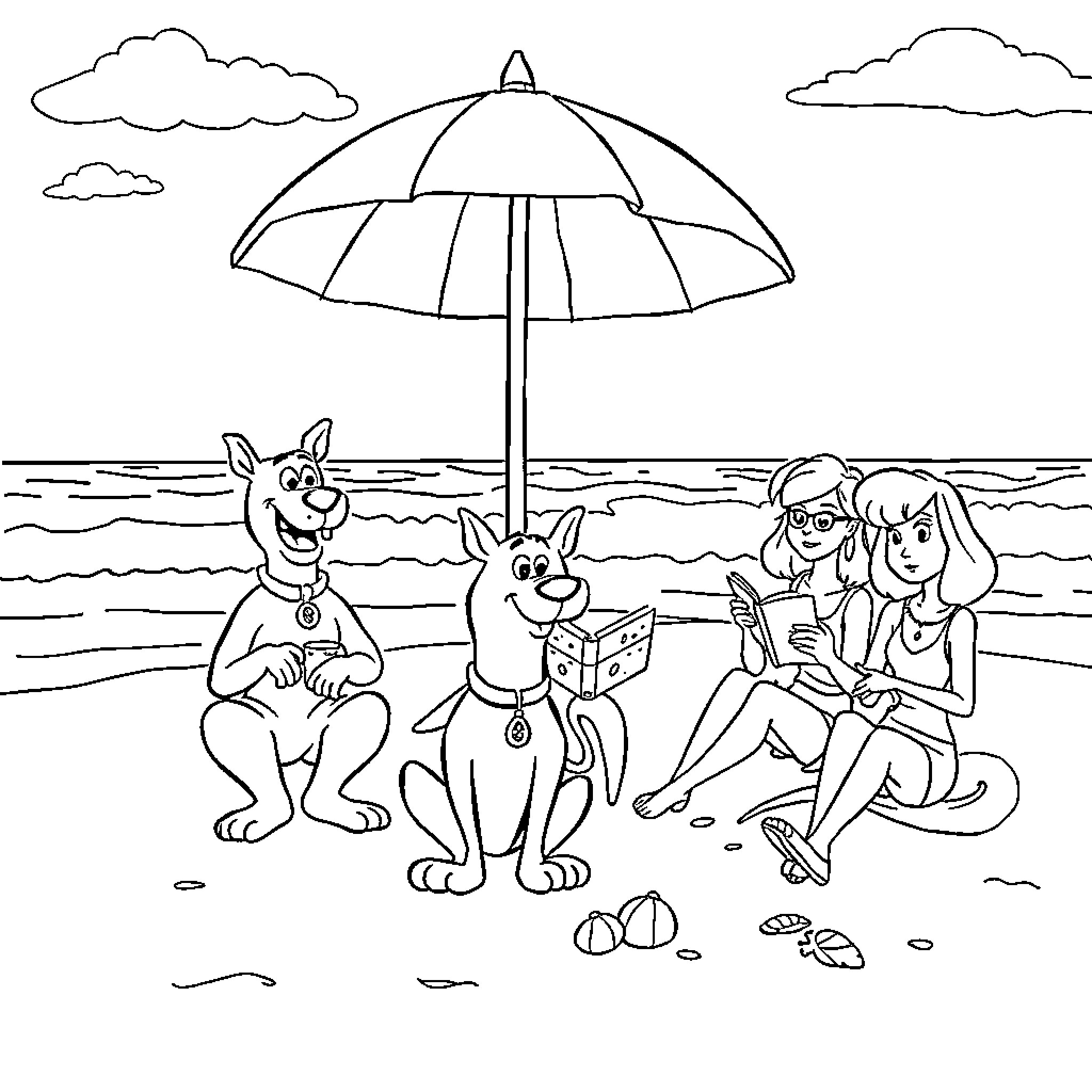 Scooby Doo and Friends Enjoying Beach Vacation Coloring Page (free black-and-white line drawing printable PDF for all, from beginners to advanced learners, including children, teens, adults, and seniors)