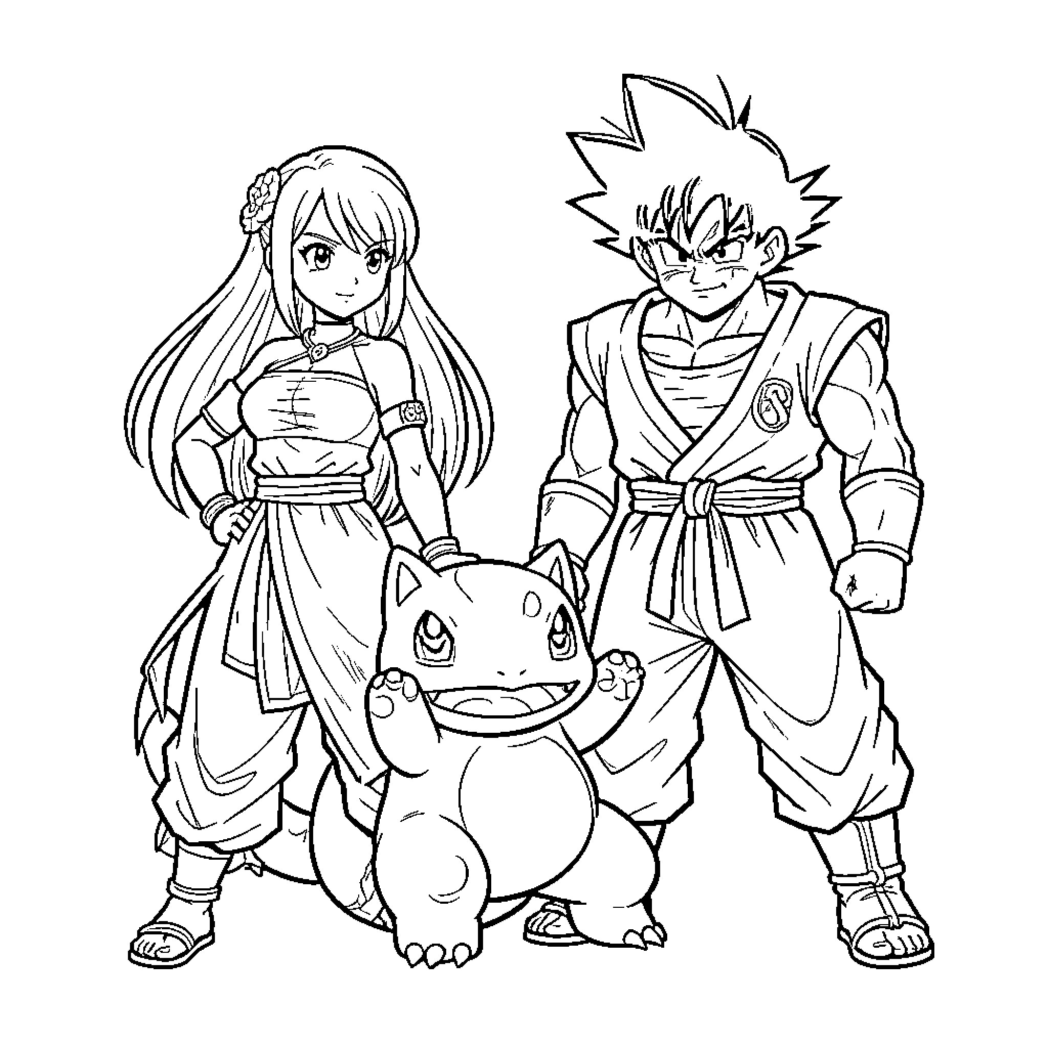 Nami standing confidently with friends in a group pose Coloring Page (free black-and-white line drawing printable PDF for all, from beginners to advanced learners, including children, teens, adults, and seniors)