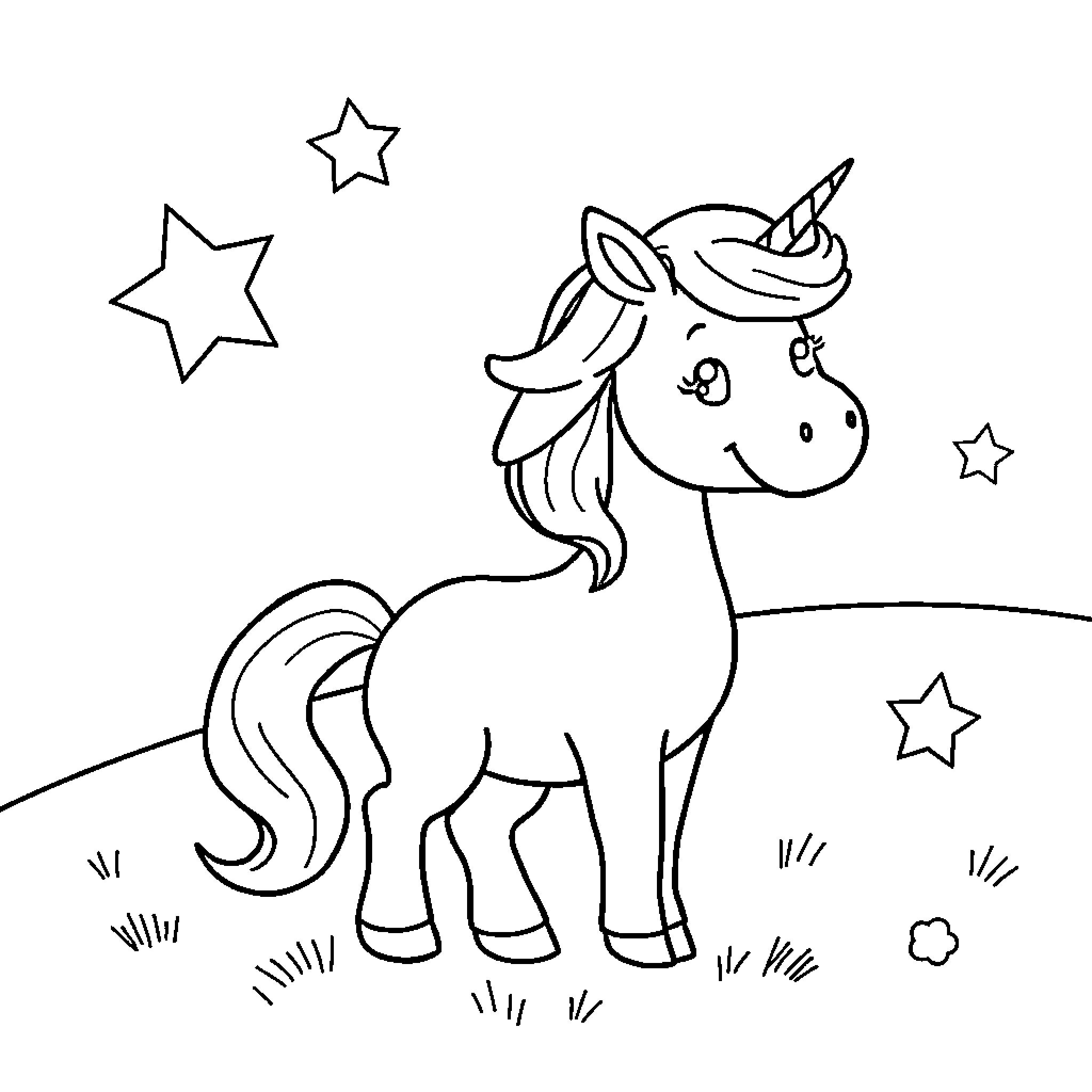 Unicorn gazing at the starry night sky Coloring Page (free black-and-white line drawing printable PDF for all, from beginners to advanced learners, including children, teens, adults, and seniors)