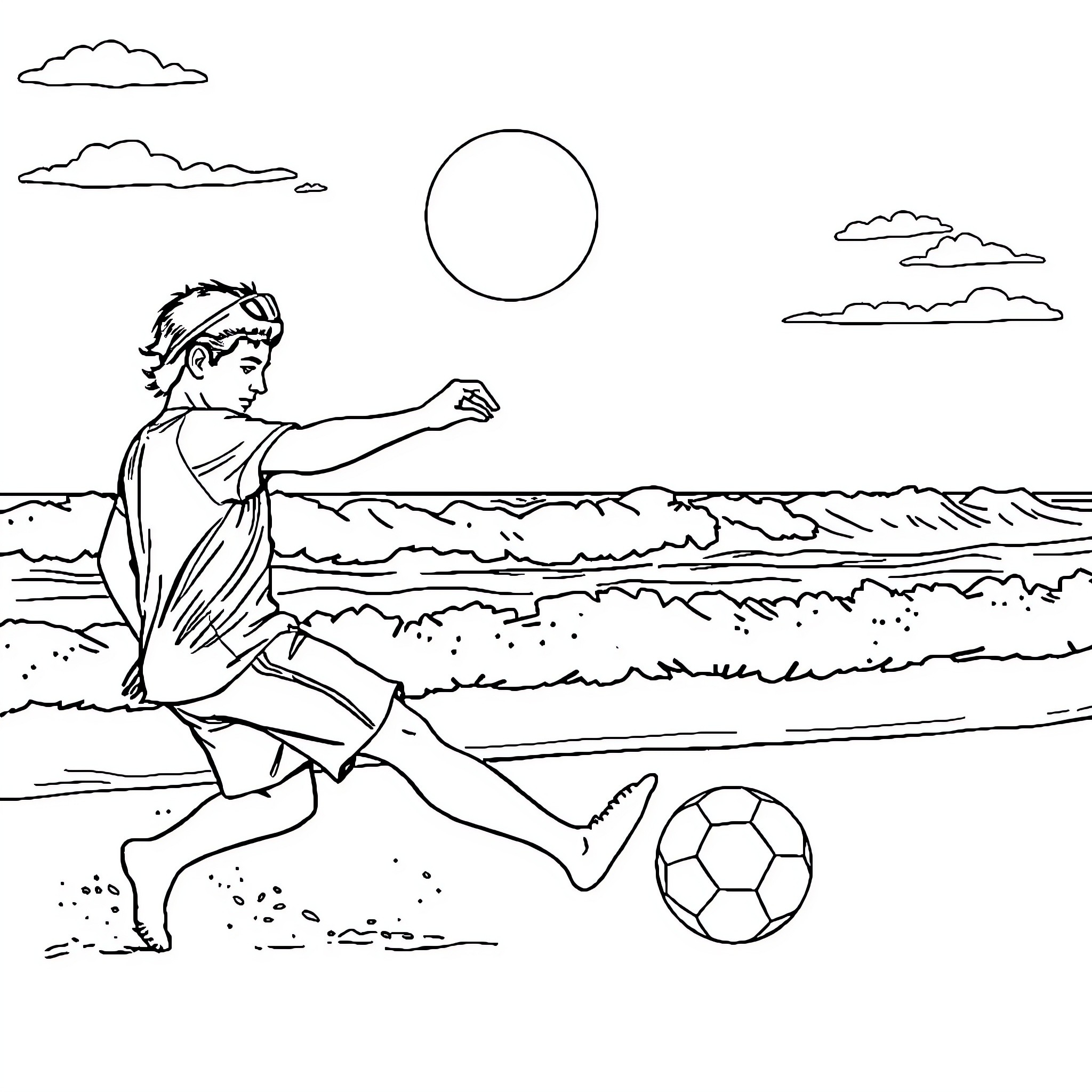 Football Player Running on Beach with Ball Coloring Page (free black-and-white line drawing printable PDF for all, from beginners to advanced learners, including children, teens, adults, and seniors)