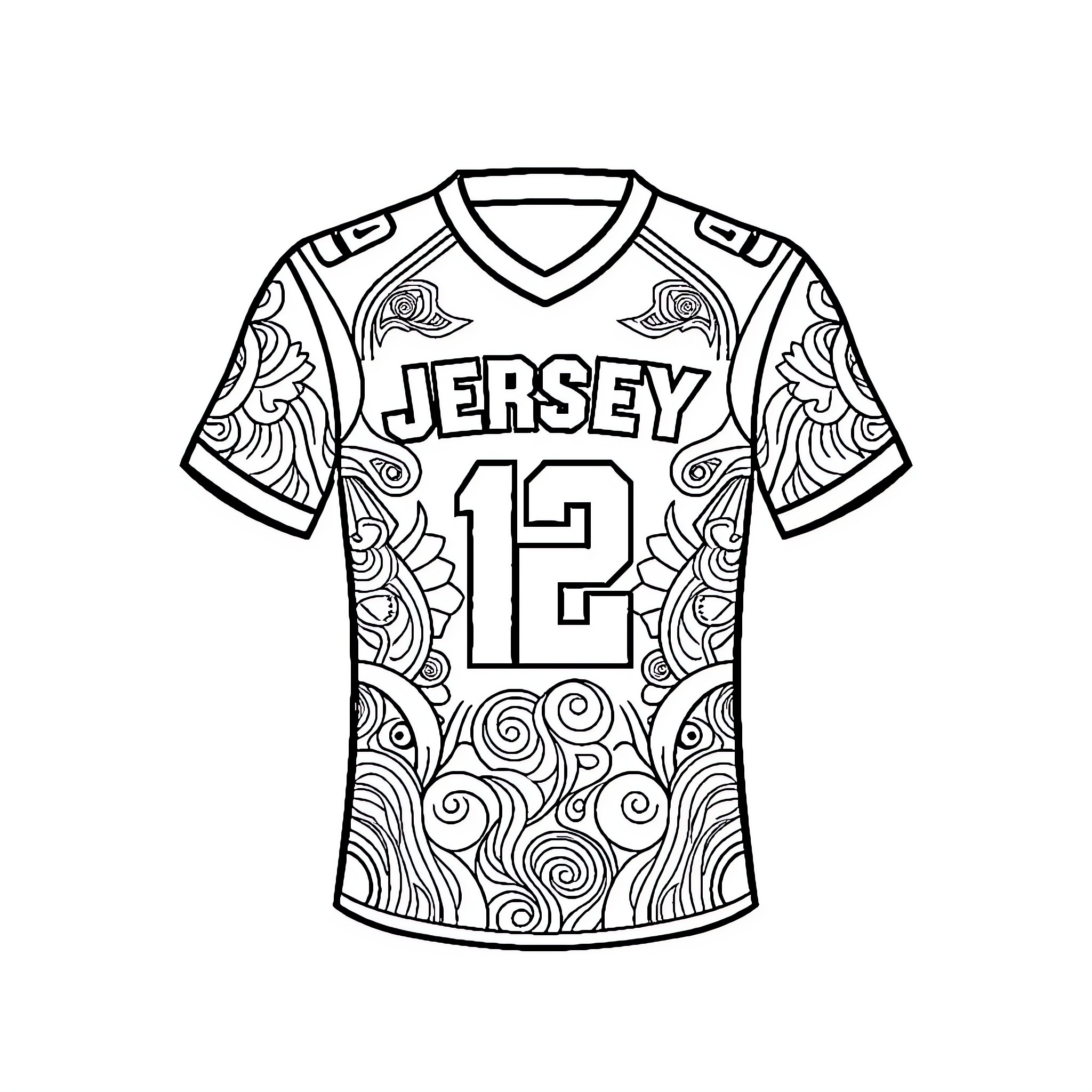 Jersey with Decorative Pattern and Number Coloring Page (free black-and-white line drawing printable PDF for all, from beginners to advanced learners, including children, teens, adults, and seniors)