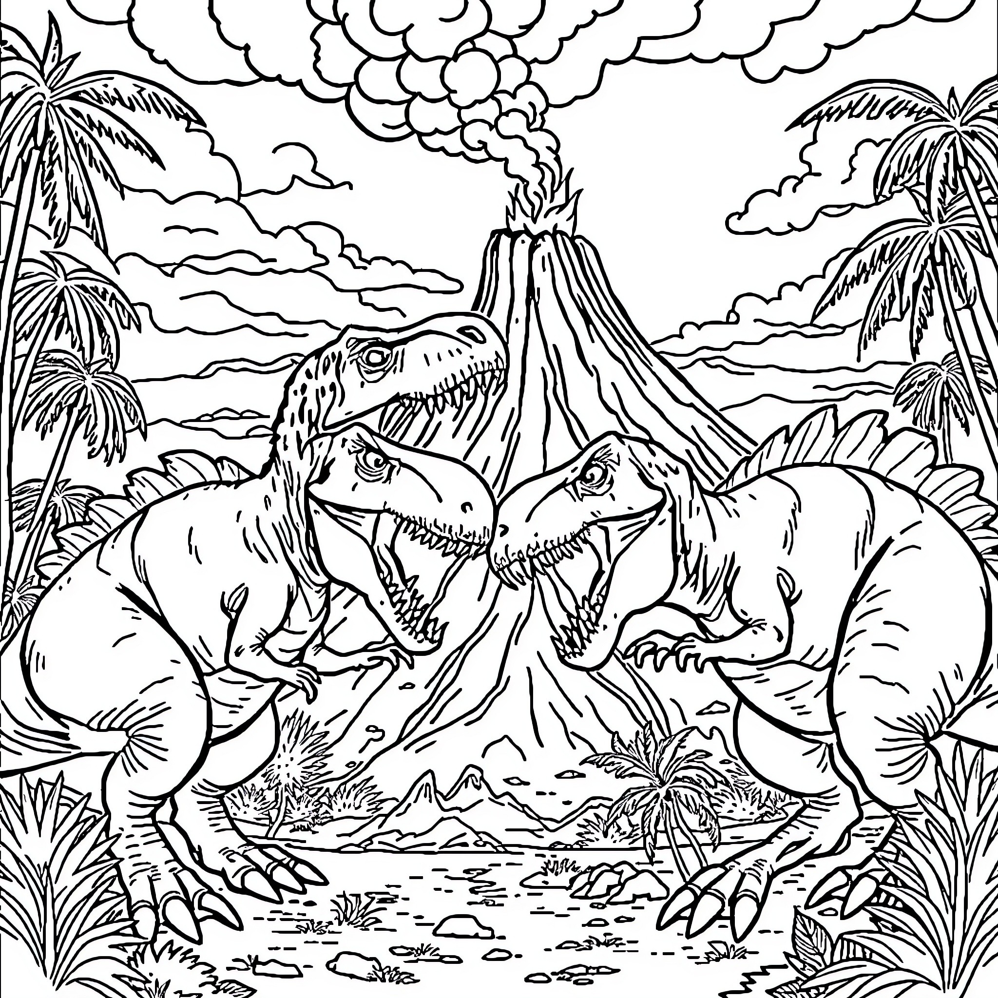 Dinosaurs battling near an erupting volcano Coloring Page (free black-and-white line drawing printable PDF for all, from beginners to advanced learners, including children, teens, adults, and seniors)