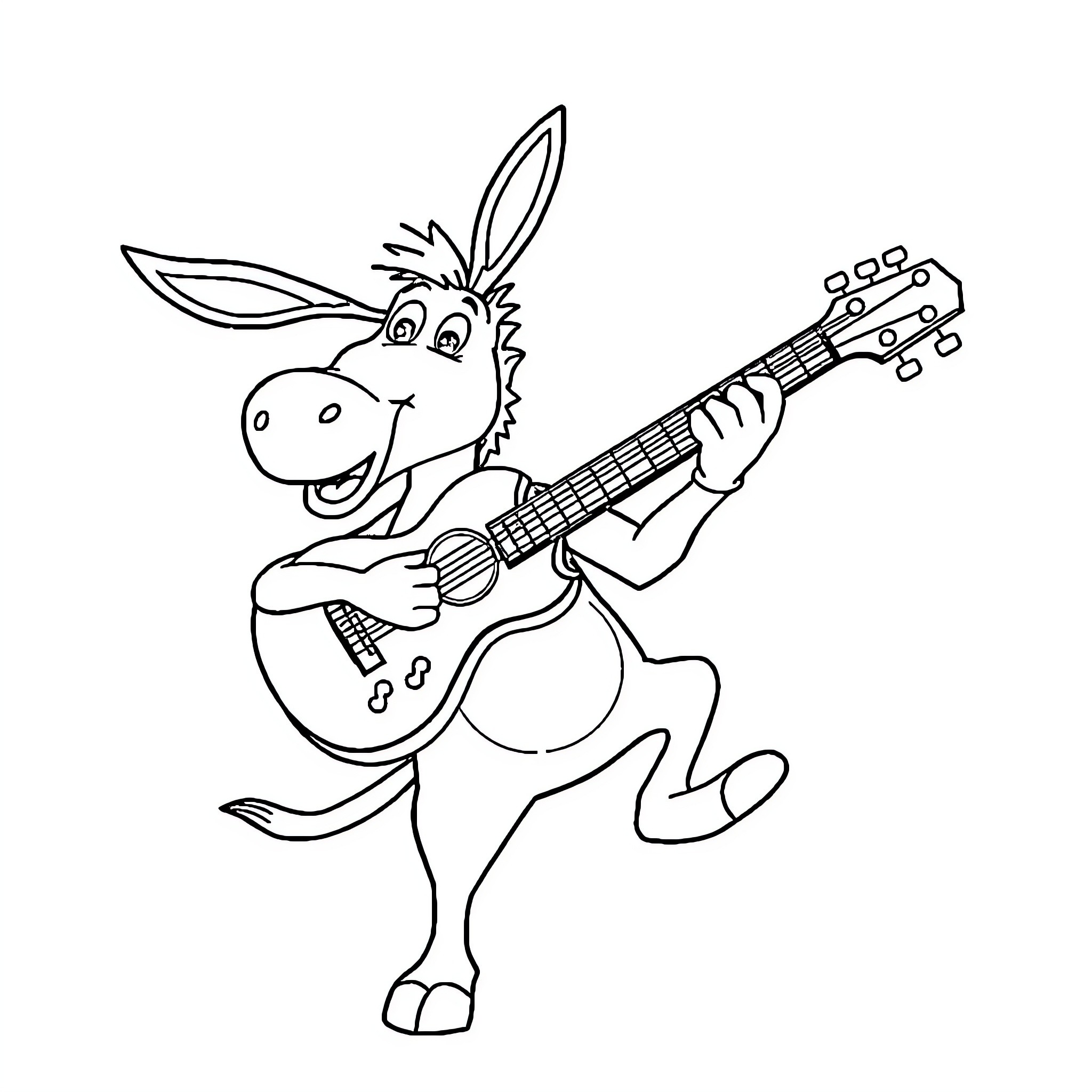 Donkey playing guitar and singing Coloring Page (free black-and-white line drawing printable PDF for all, from beginners to advanced learners, including children, teens, adults, and seniors)