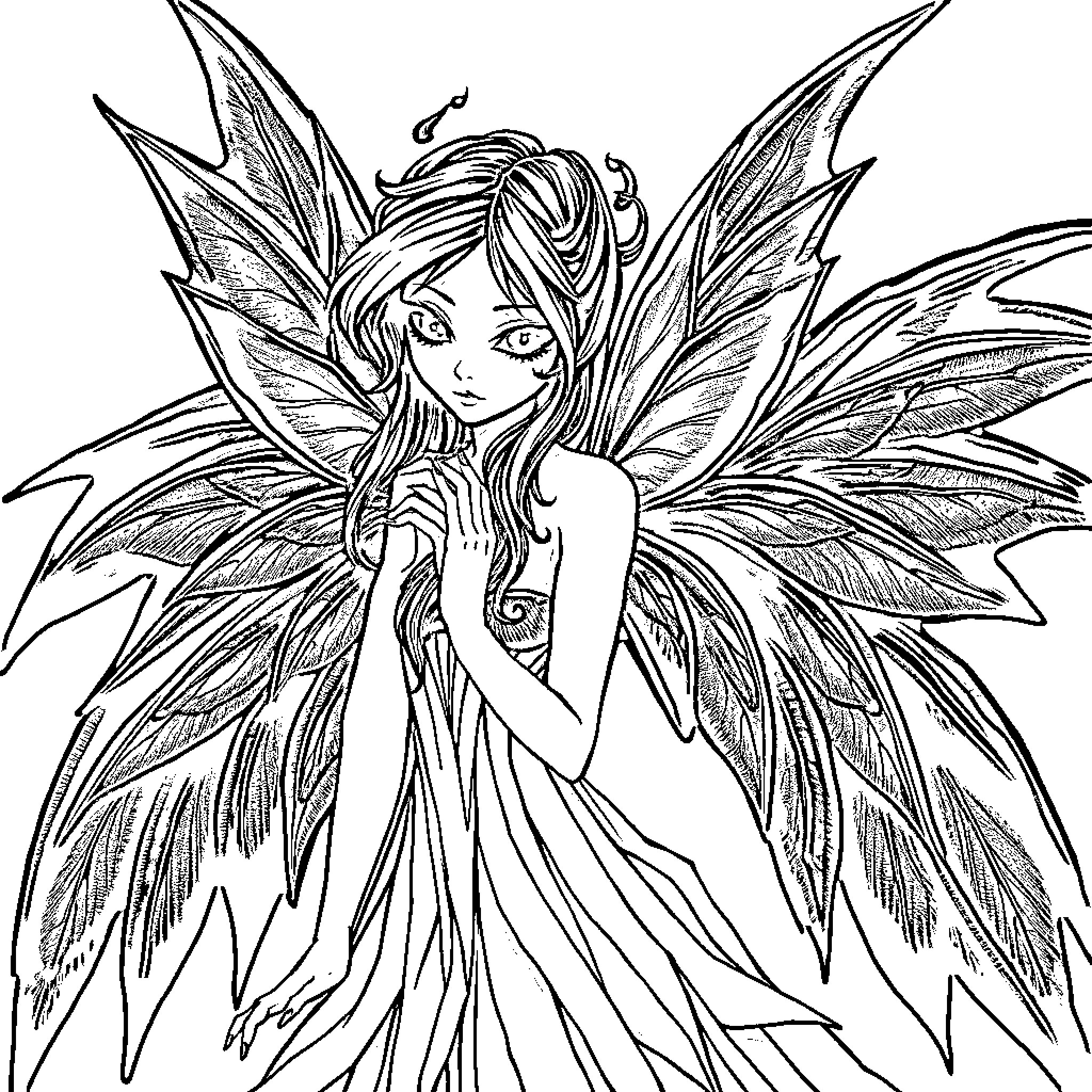 Fairy with intricate winged dress and enchanting expression Coloring Page (free black-and-white line drawing printable PDF for all, from beginners to advanced learners, including children, teens, adults, and seniors)