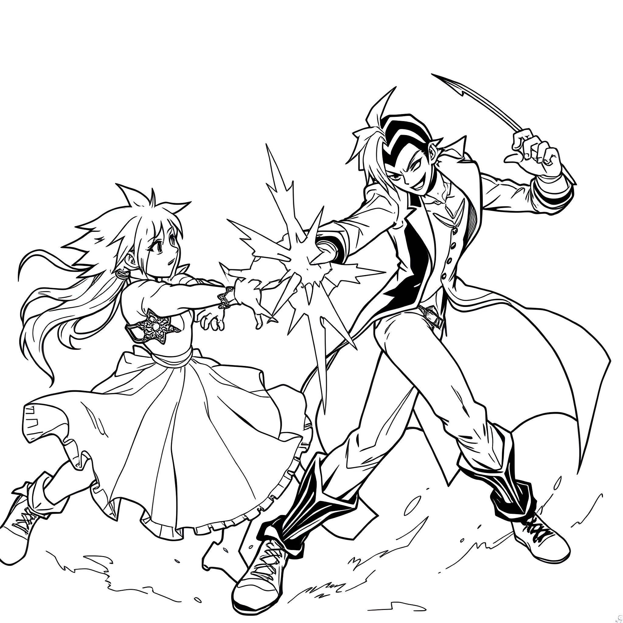 Sora in a fierce battle with a mysterious figure Coloring Page (free black-and-white line drawing printable PDF for all, from beginners to advanced learners, including children, teens, adults, and seniors)