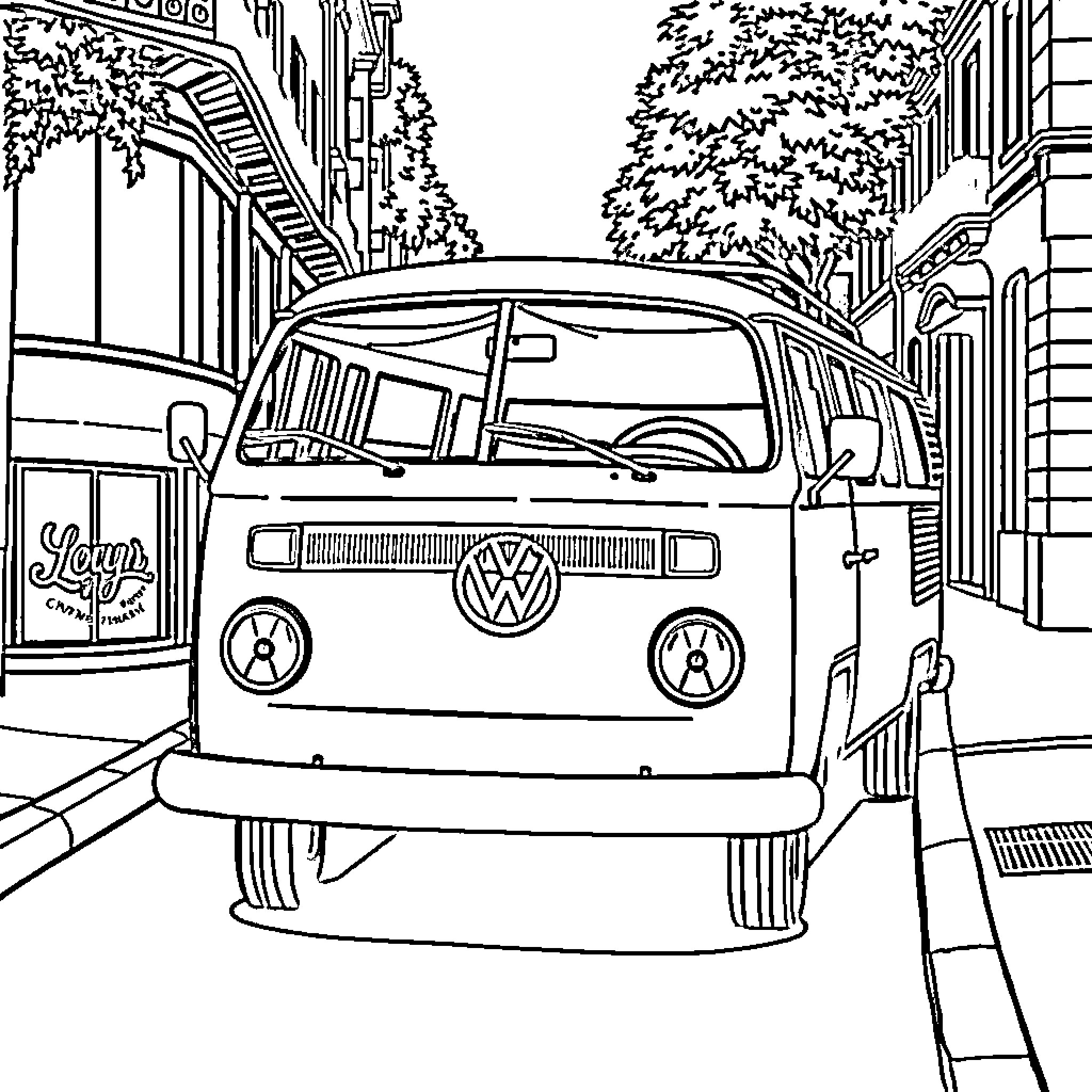 Volkswagen Transporter parked in urban setting Coloring Page (free black-and-white line drawing printable PDF for all, from beginners to advanced learners, including children, teens, adults, and seniors)