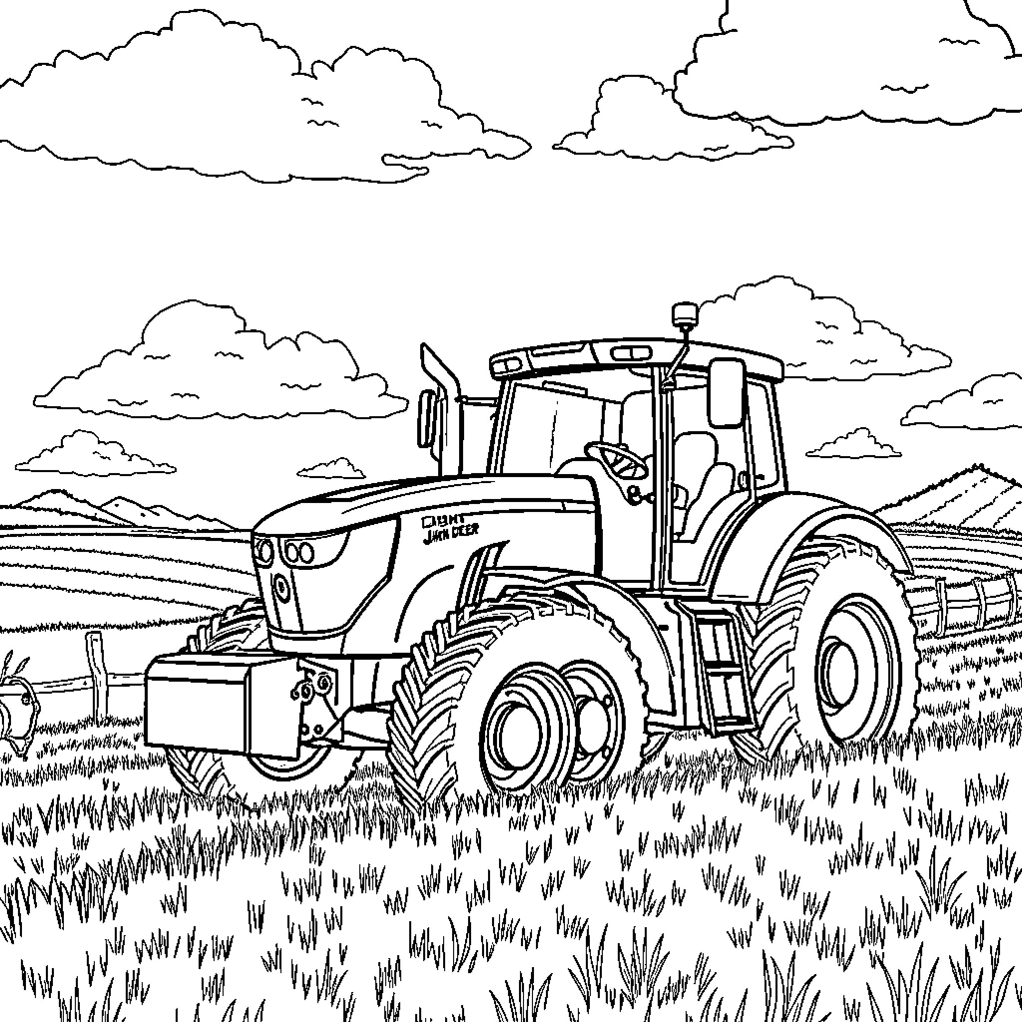 Tractor plowing the field under cloudy sky Coloring Page (free black-and-white line drawing printable PDF for all, from beginners to advanced learners, including children, teens, adults, and seniors)