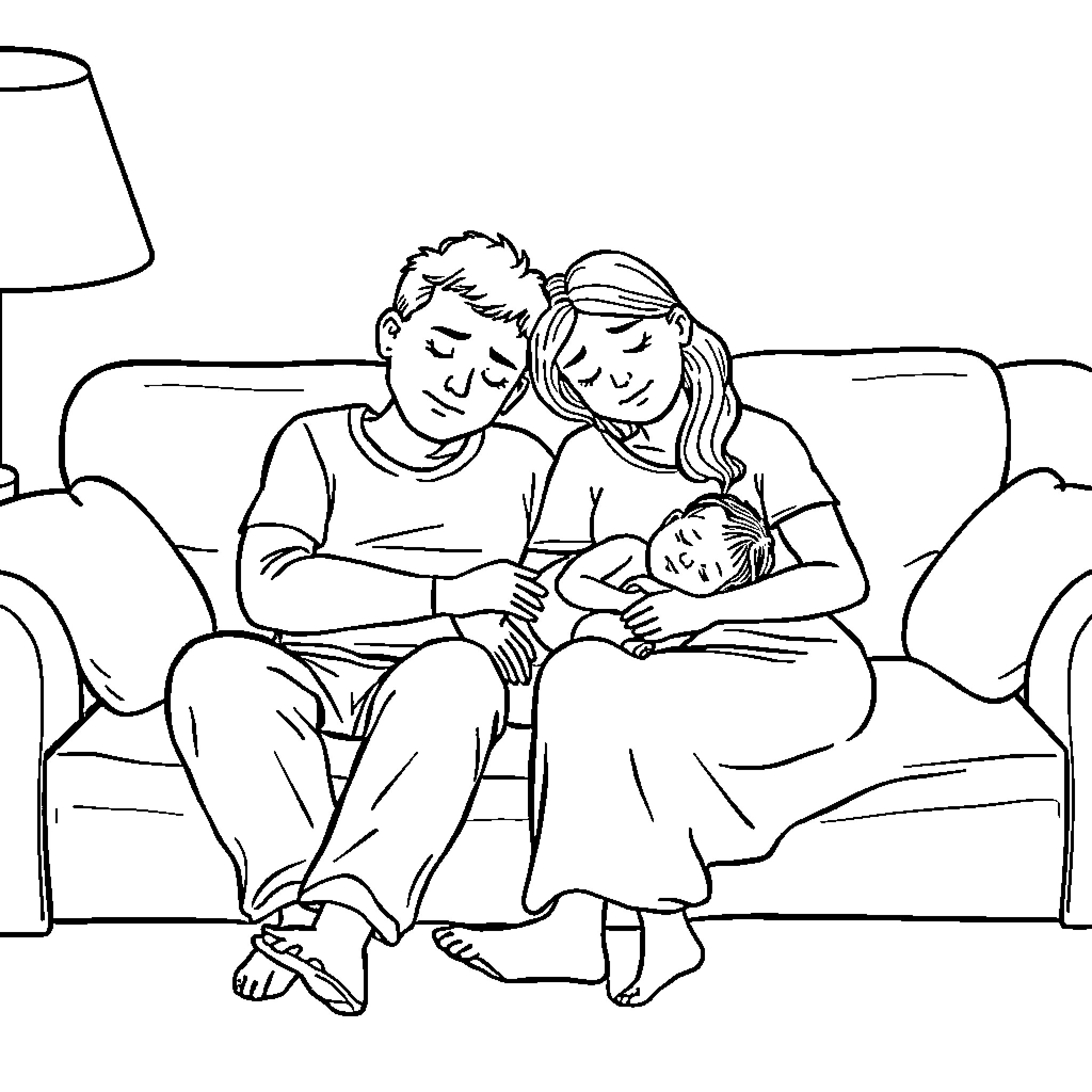 Family relaxing together on the couch Coloring Page (free black-and-white line drawing printable PDF for all, from beginners to advanced learners, including children, teens, adults, and seniors)