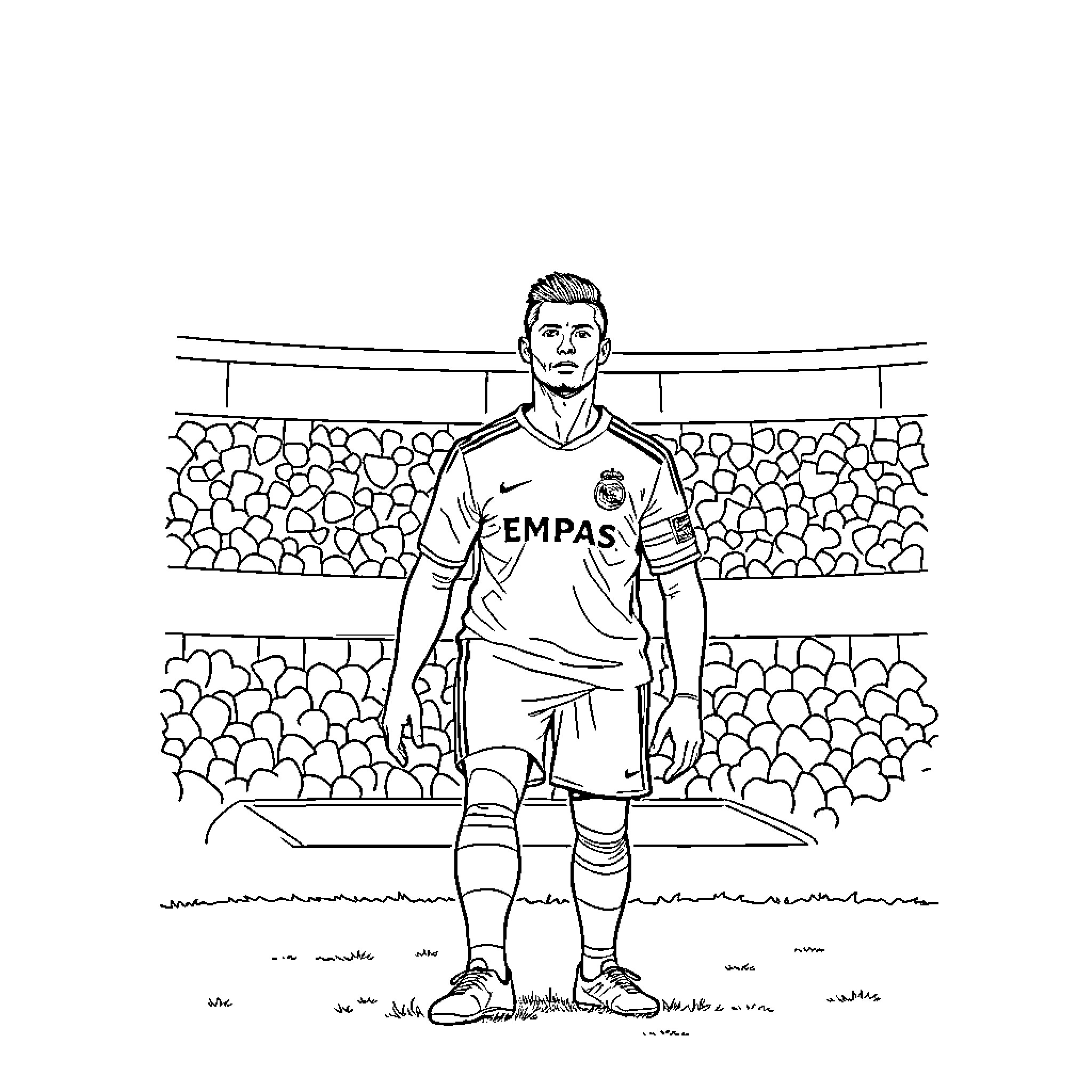 Cristiano Ronaldo in soccer uniform on the field Coloring Page (free black-and-white line drawing printable PDF for all, from beginners to advanced learners, including children, teens, adults, and seniors)