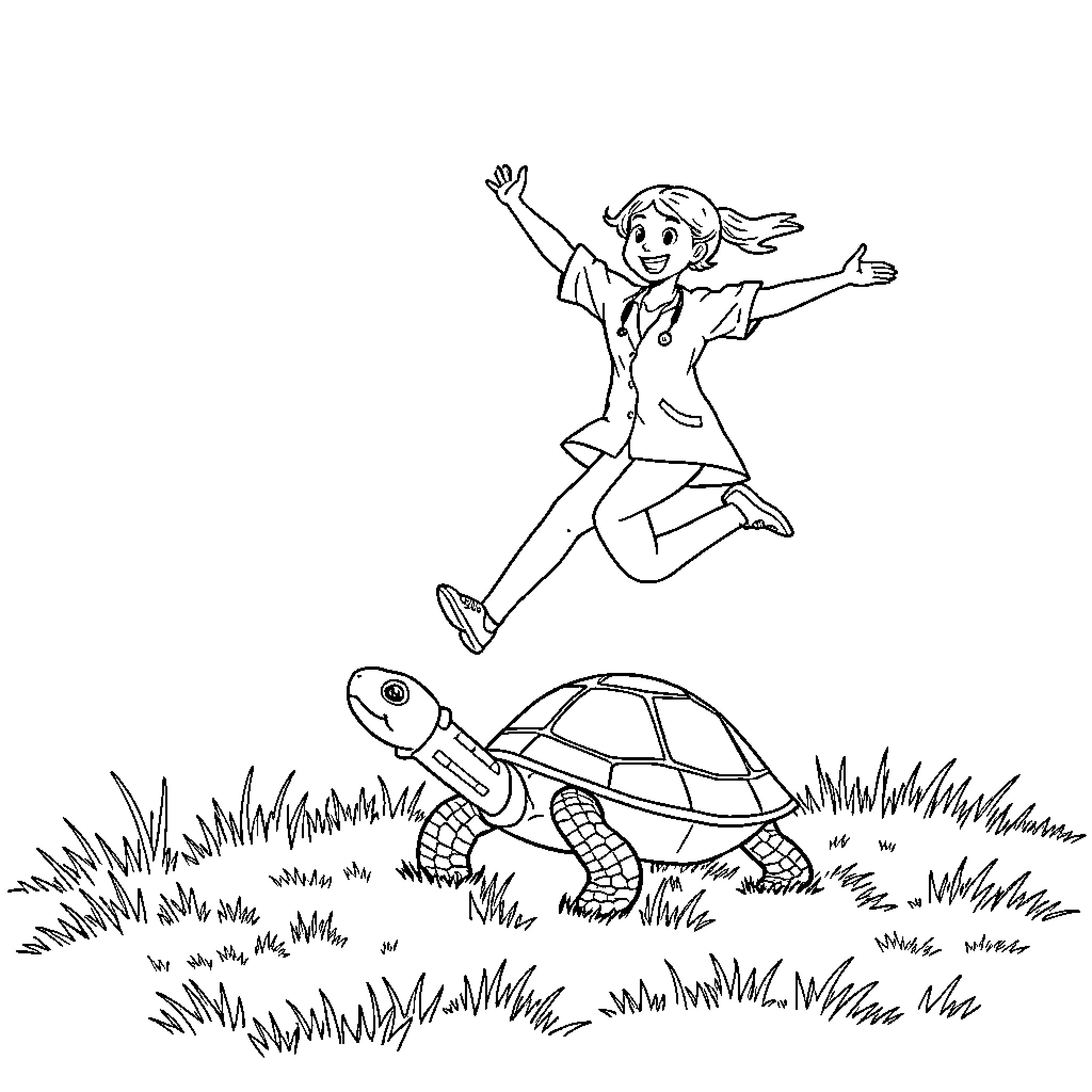 Therapist jumps with joy over patient's progress Coloring Page (free black-and-white line drawing printable PDF for all, from beginners to advanced learners, including children, teens, adults, and seniors)