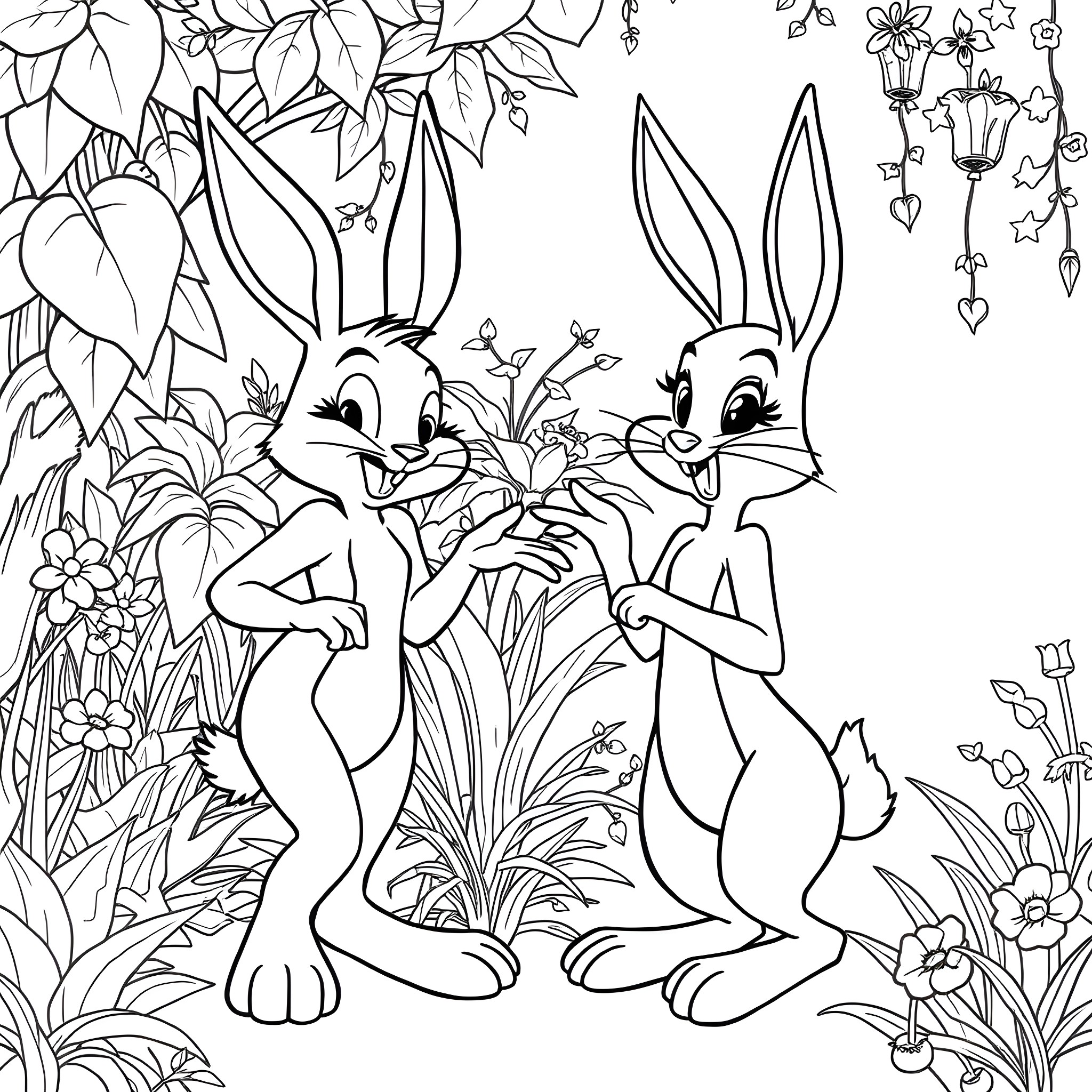 Lola Bunny and Bugs Bunny enjoying nature together Coloring Page (free black-and-white line drawing printable PDF for all, from beginners to advanced learners, including children, teens, adults, and seniors)