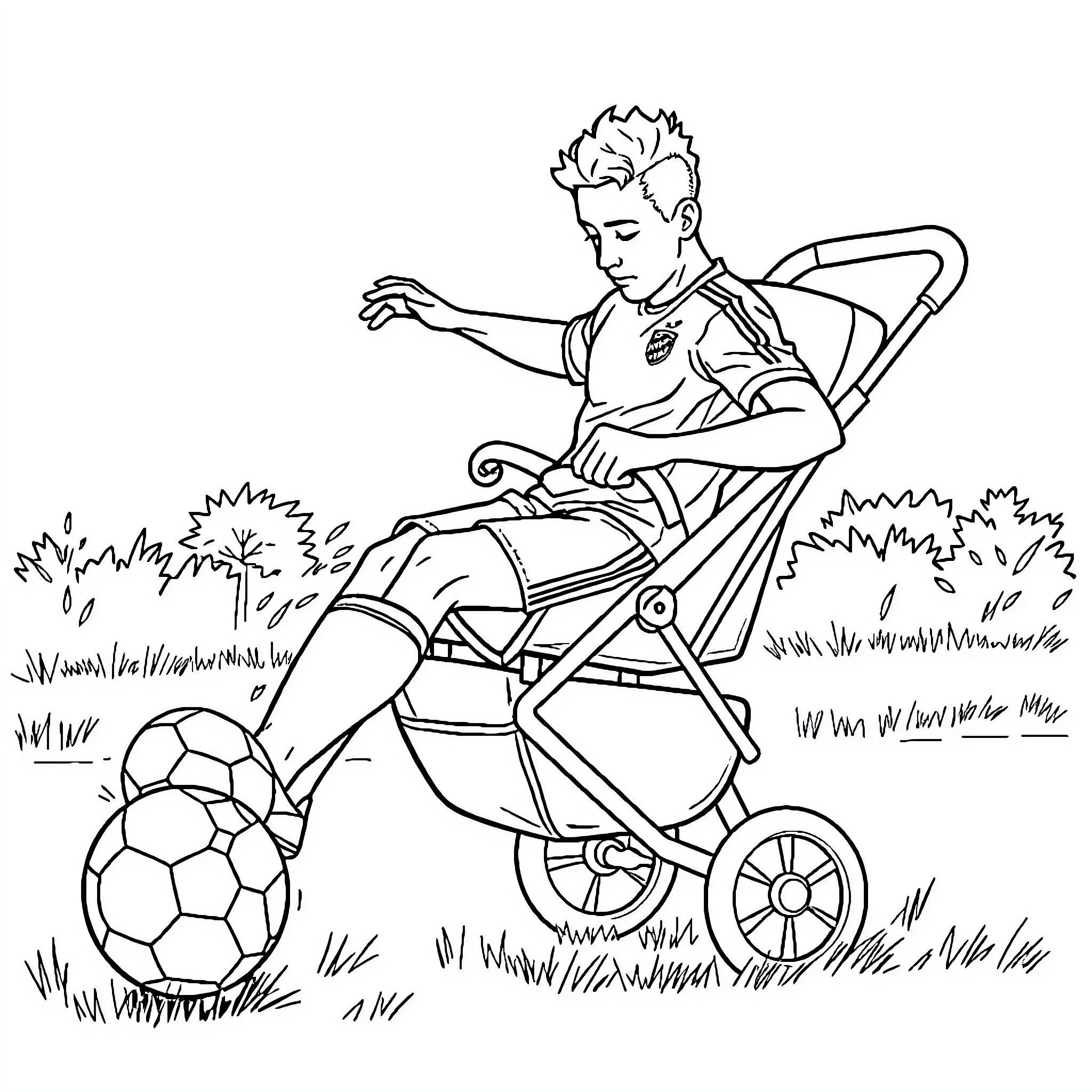 Soccer Player Enjoying Outdoor Game in Wheelchair Coloring Page (free black-and-white line drawing printable PDF for all, from beginners to advanced learners, including children, teens, adults, and seniors)