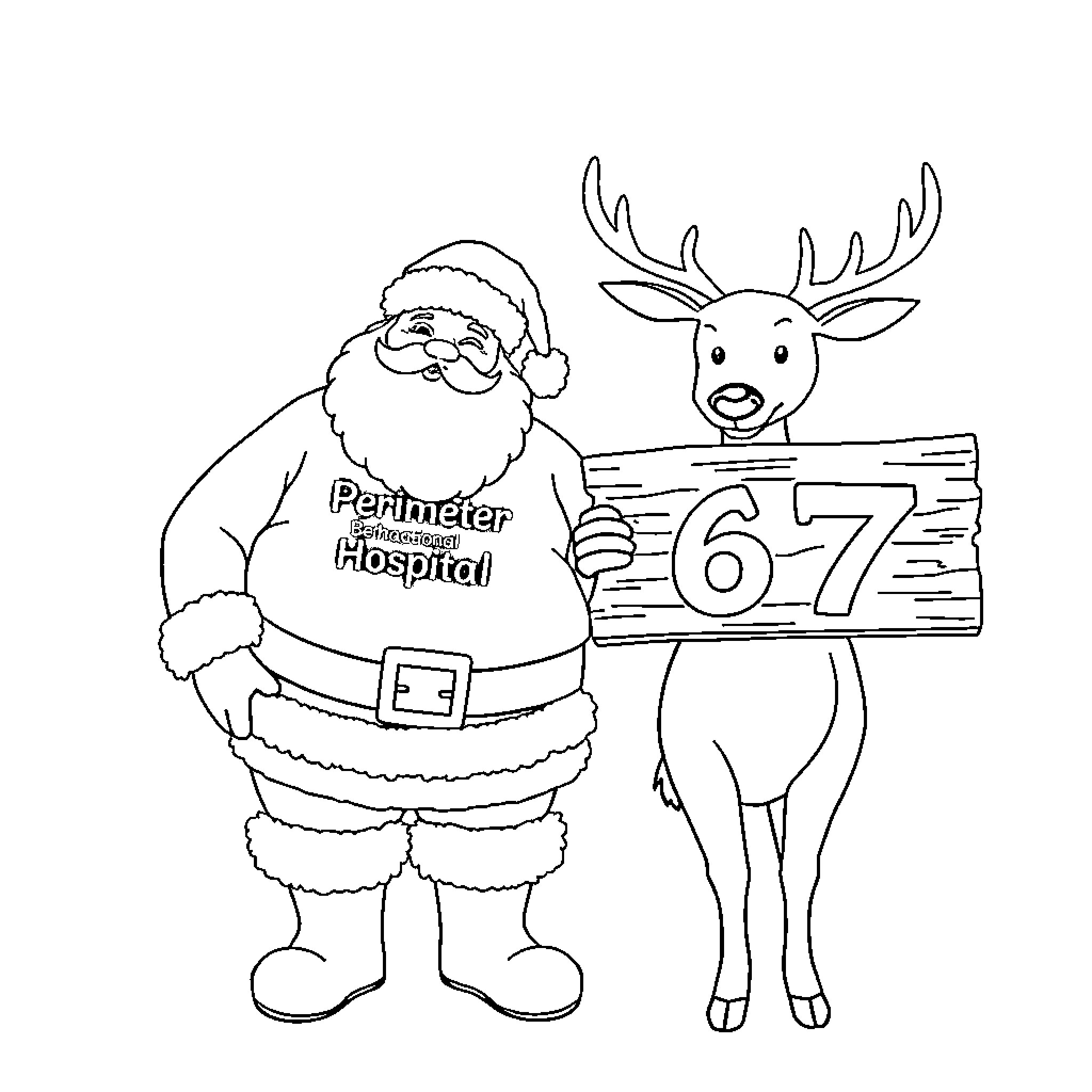 Santa and Reindeer at the Perimeter Hospital Coloring Page (free black-and-white line drawing printable PDF for all, from beginners to advanced learners, including children, teens, adults, and seniors)