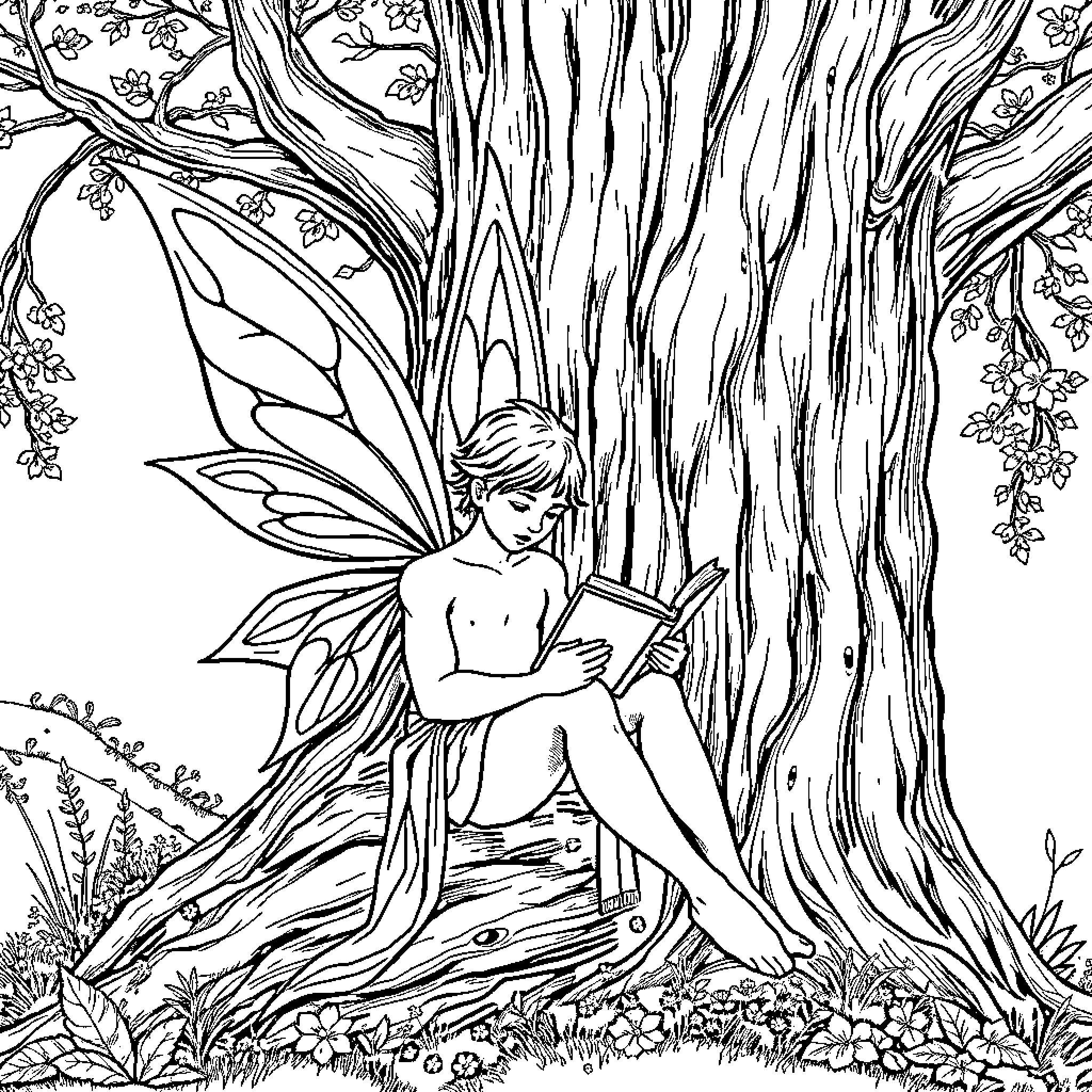 Fairy reading a book in the enchanted forest Coloring Page (free black-and-white line drawing printable PDF for all, from beginners to advanced learners, including children, teens, adults, and seniors)