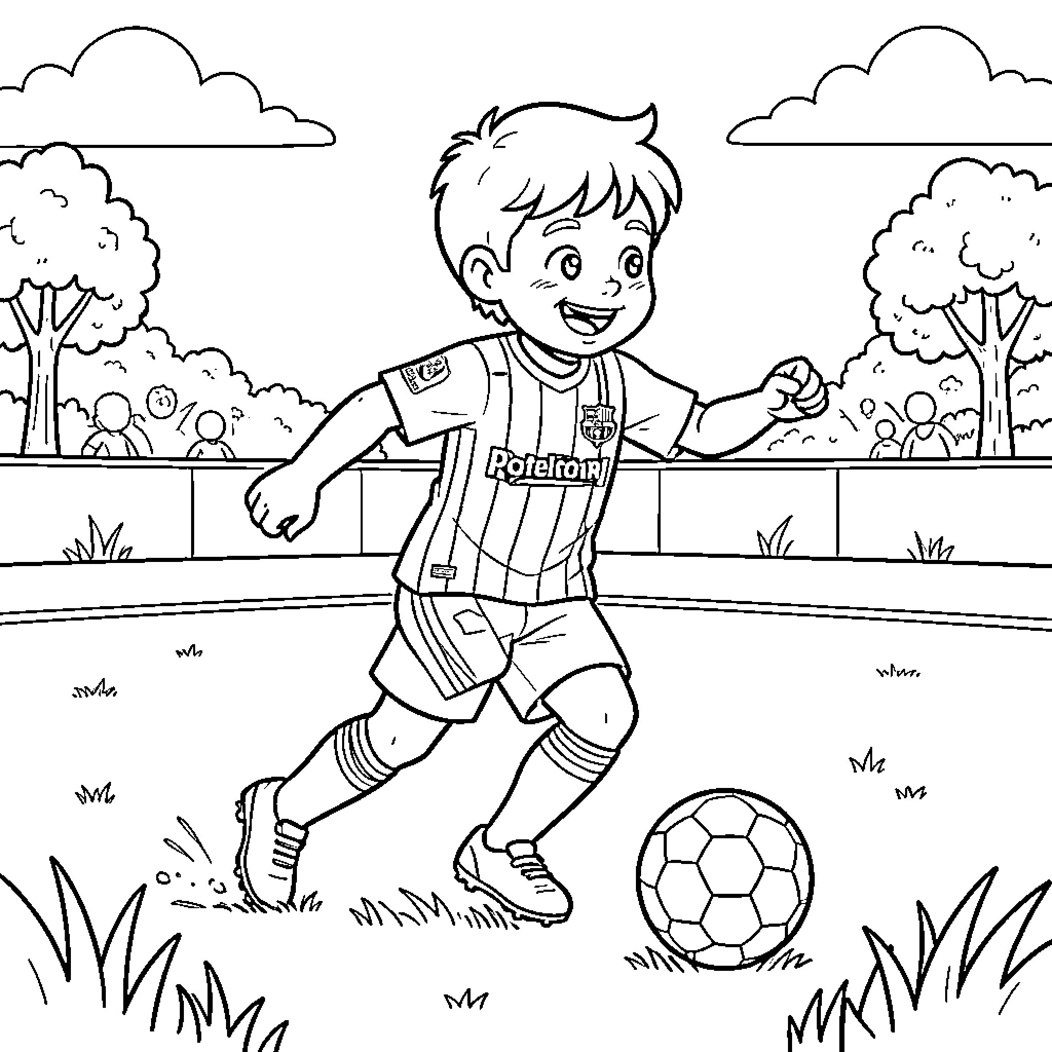 Child playing soccer on the field Coloring Page (free black-and-white line drawing printable PDF for all, from beginners to advanced learners, including children, teens, adults, and seniors)