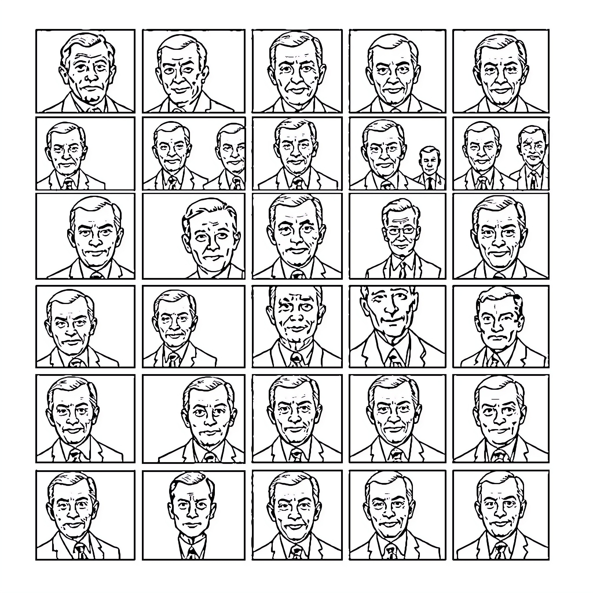 President's Portraits with Varied Expressions and Attire Coloring Page (free black-and-white line drawing printable PDF for all, from beginners to advanced learners, including children, teens, adults, and seniors)