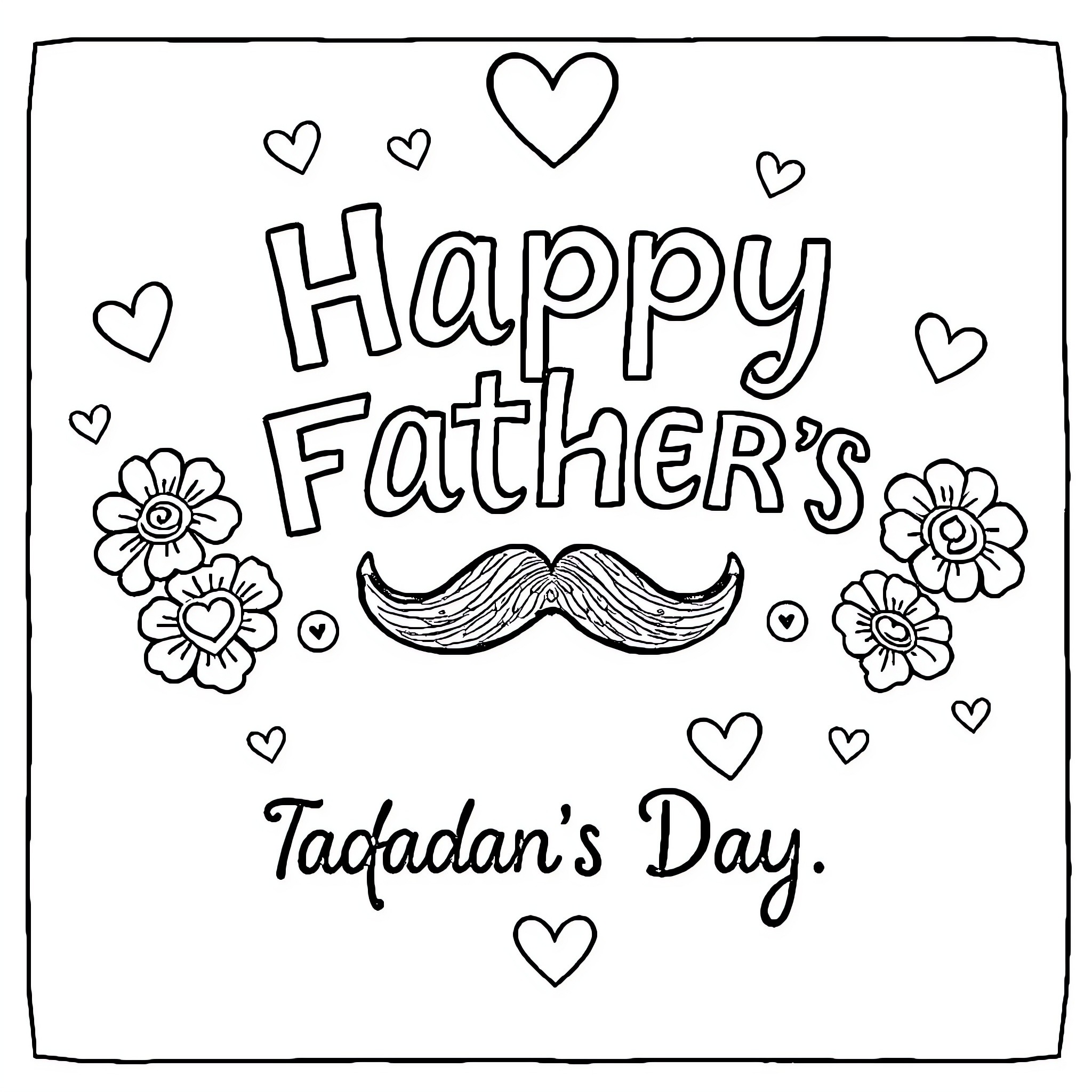 Father's Day with hearts, flowers, and mustache Coloring Page (free black-and-white line drawing printable PDF for all, from beginners to advanced learners, including children, teens, adults, and seniors)