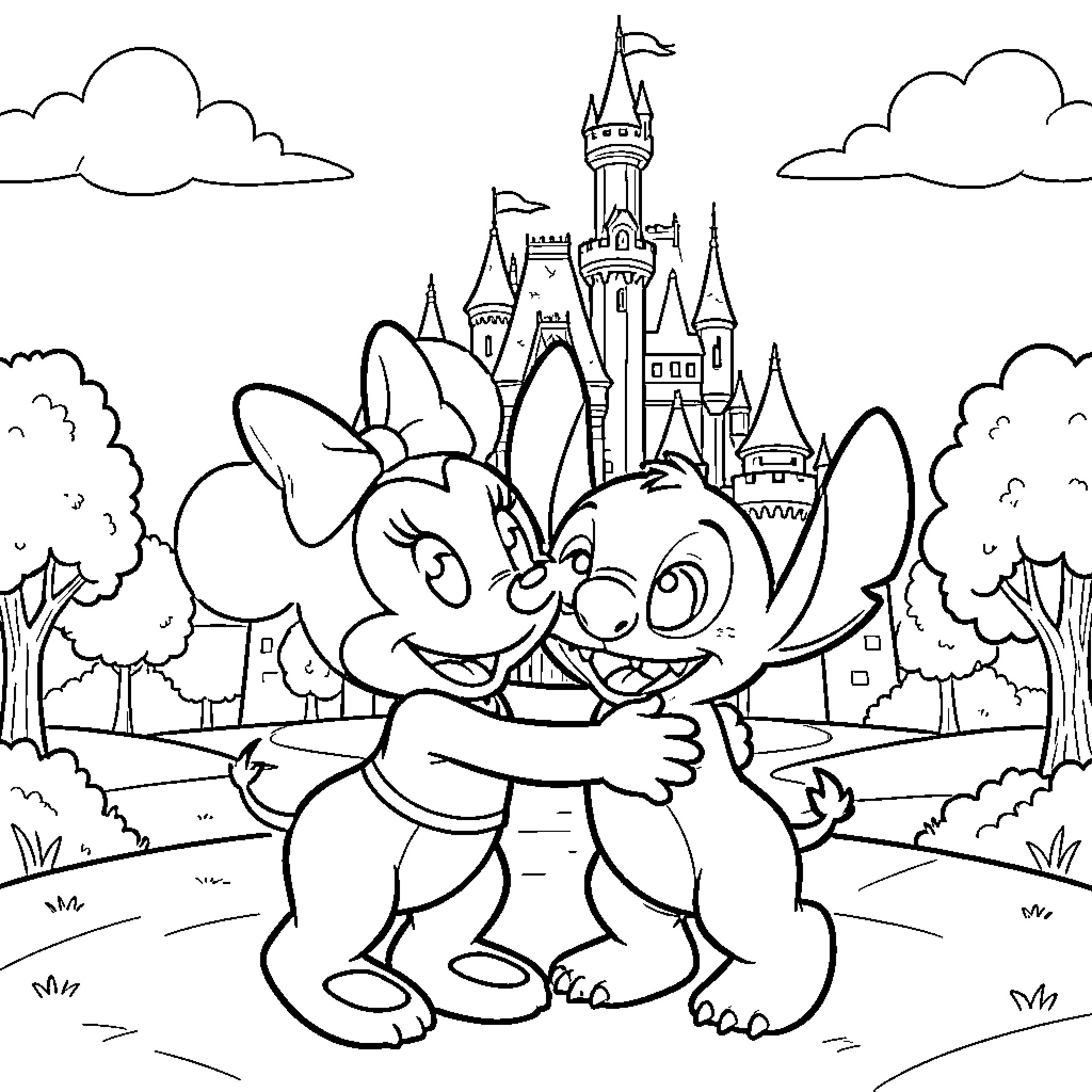 Minnie hugging Stitch happily in front of a castle Coloring Page (free black-and-white line drawing printable PDF for all, from beginners to advanced learners, including children, teens, adults, and seniors)