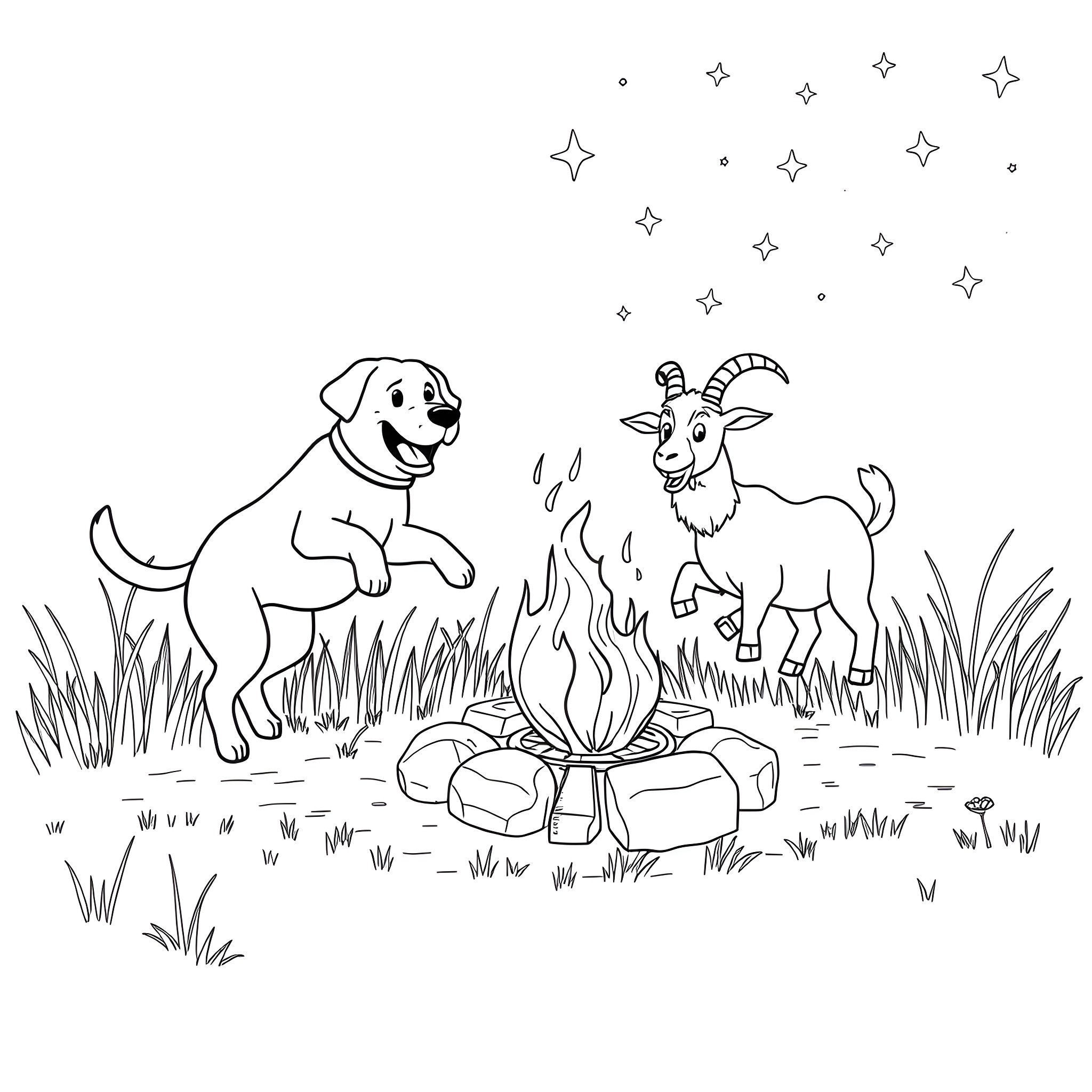 Labrador and Goat Enjoying a Campfire Coloring Page (free black-and-white line drawing printable PDF for all, from beginners to advanced learners, including children, teens, adults, and seniors)