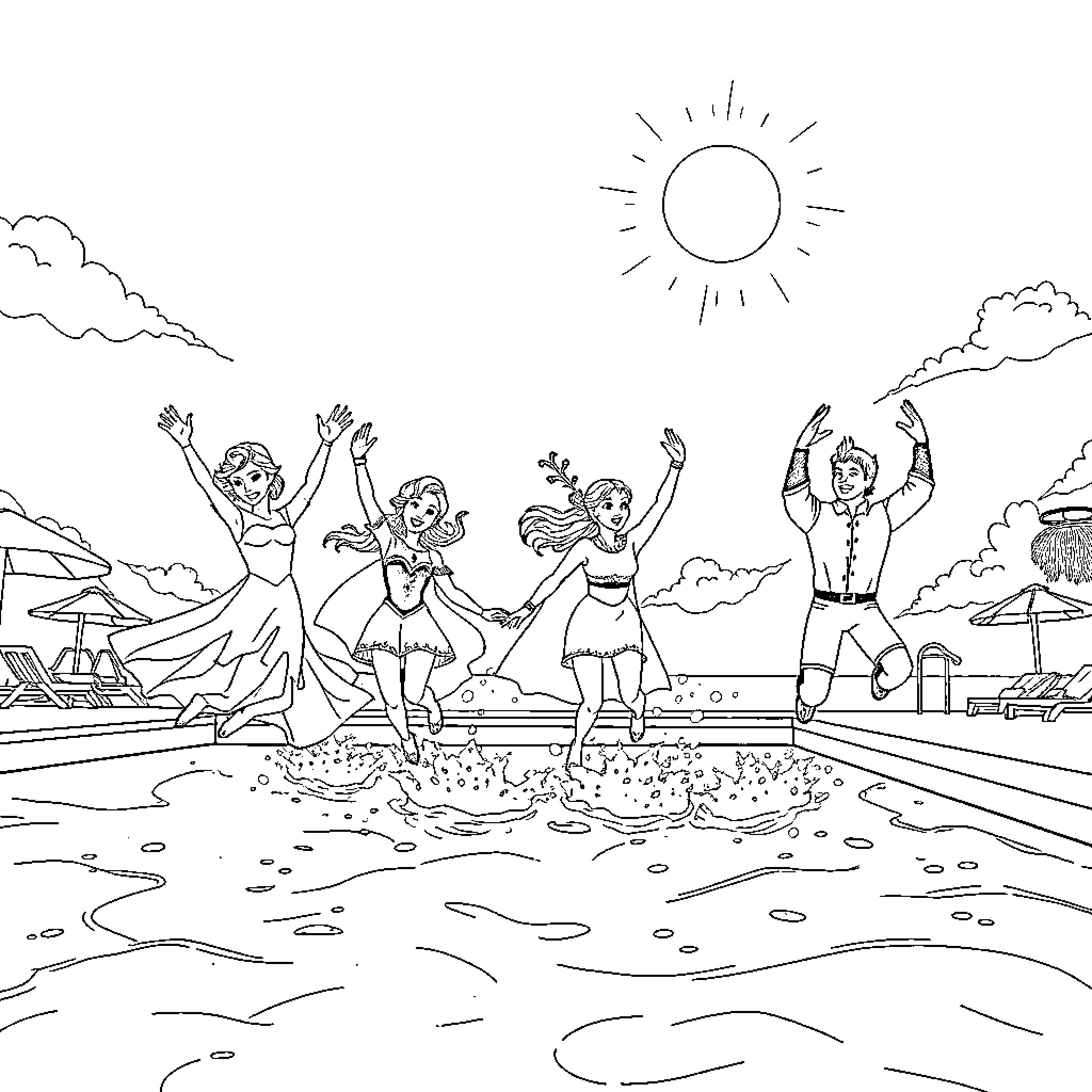 Elsa and friends joyfully dancing by the pool Coloring Page (free black-and-white line drawing printable PDF for all, from beginners to advanced learners, including children, teens, adults, and seniors)