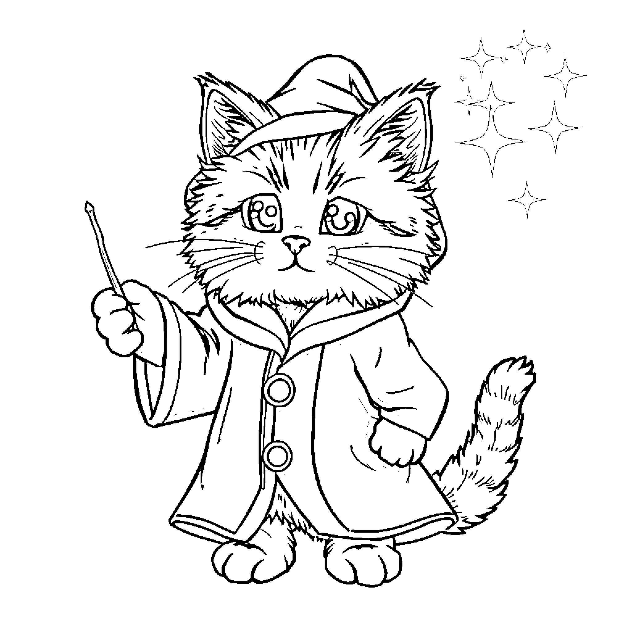 Cat in a Magical Wizard Outfit Coloring Page (free black-and-white line drawing printable PDF for all, from beginners to advanced learners, including children, teens, adults, and seniors)